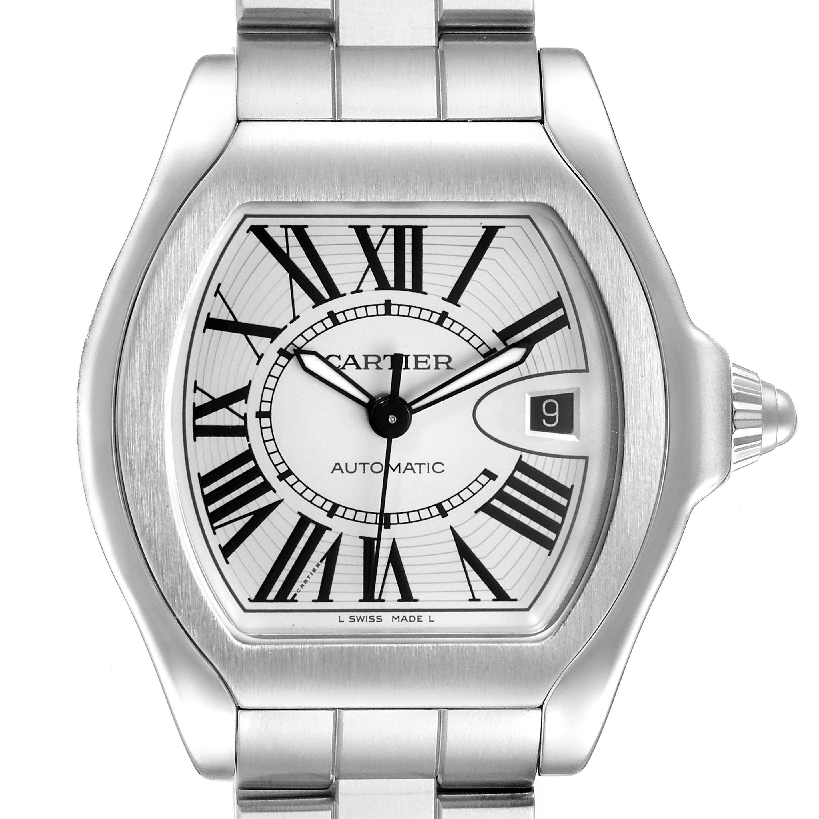 The image shows a front view of a Cartier Roadster W6206017 Men
s Stainless Steel Silver Dial W6206017 Men
s Stainless Steel Silver Dial watch featuring its dial, case, and part of the metal bracelet.