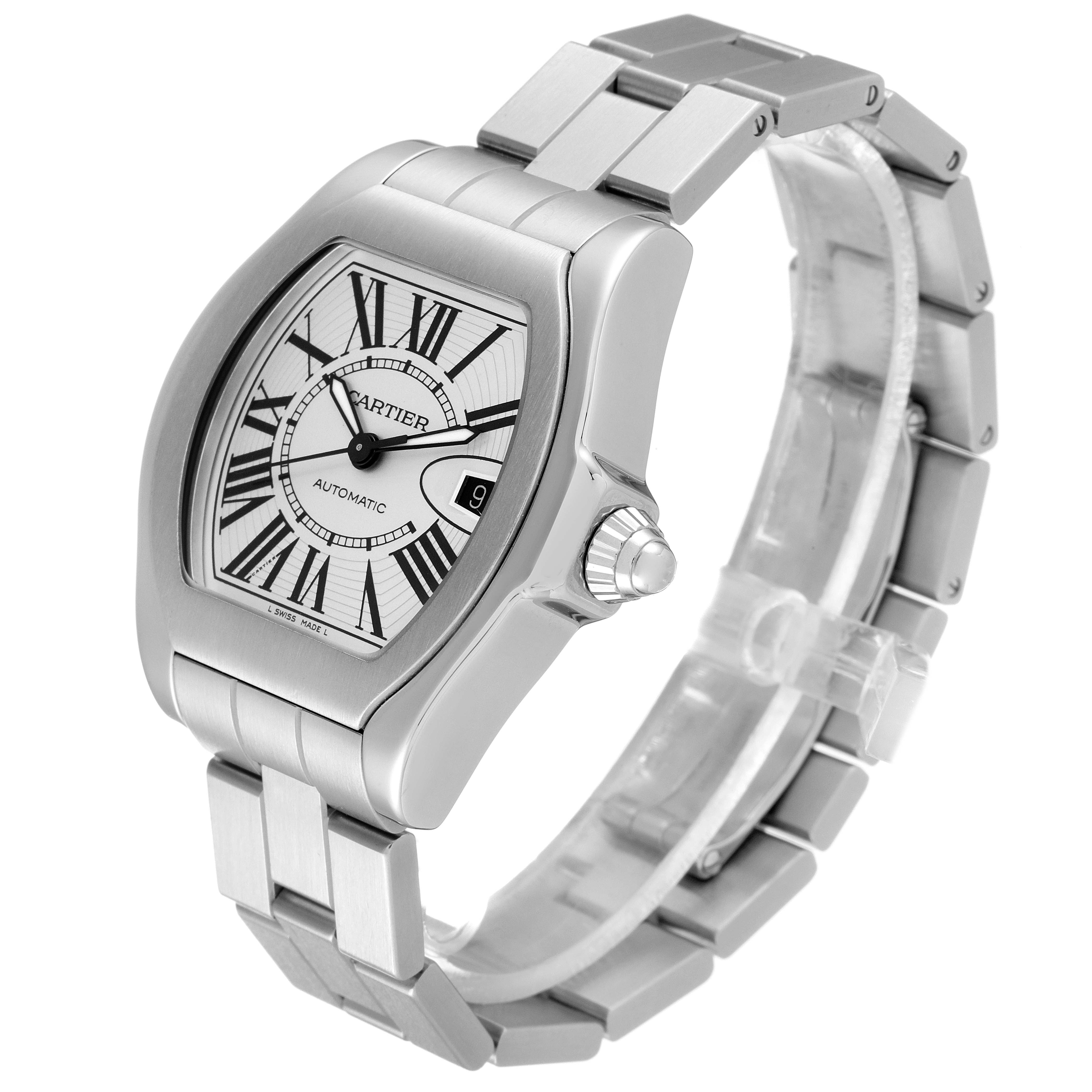 The image shows a Cartier Roadster W6206017 Men
s Stainless Steel Silver Dial W6206017 Men
s Stainless Steel Silver Dial watch at a three-quarter angle, highlighting the face, bracelet, and winder.