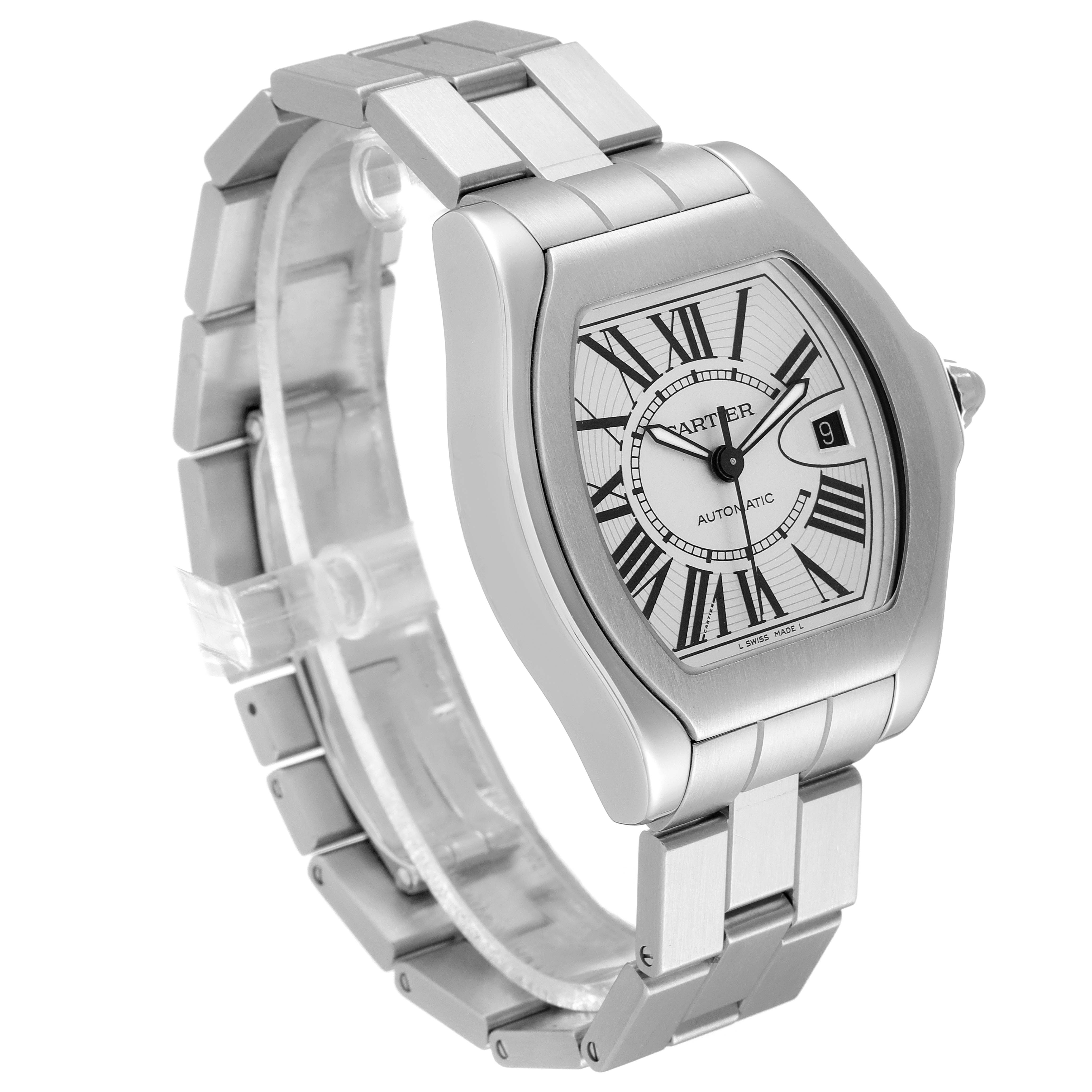 The image shows a Cartier Roadster W6206017 Men
s Stainless Steel Silver Dial W6206017 Men
s Stainless Steel Silver Dial watch at a slight angle, highlighting its silver metal bracelet, distinctive case, and Roman numeral dial.