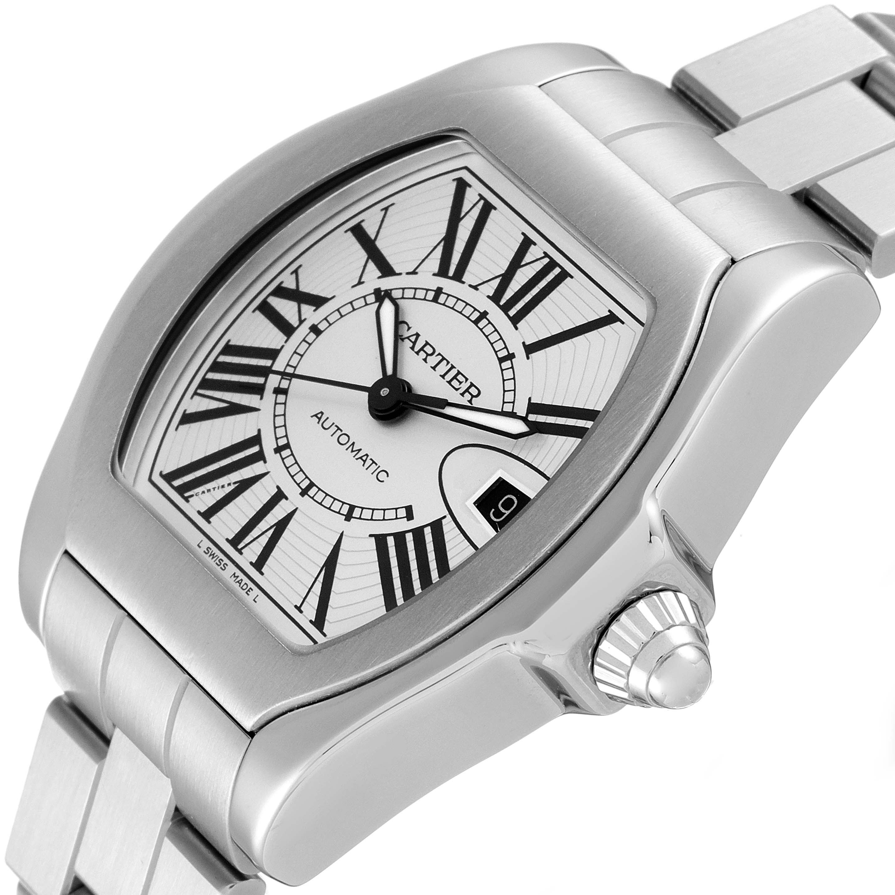 The image shows a close-up angled view of the Cartier Roadster W6206017 Men
s Stainless Steel Silver Dial W6206017 Men
s Stainless Steel Silver Dial watch, highlighting the face, bezel, crown, and part of the bracelet.