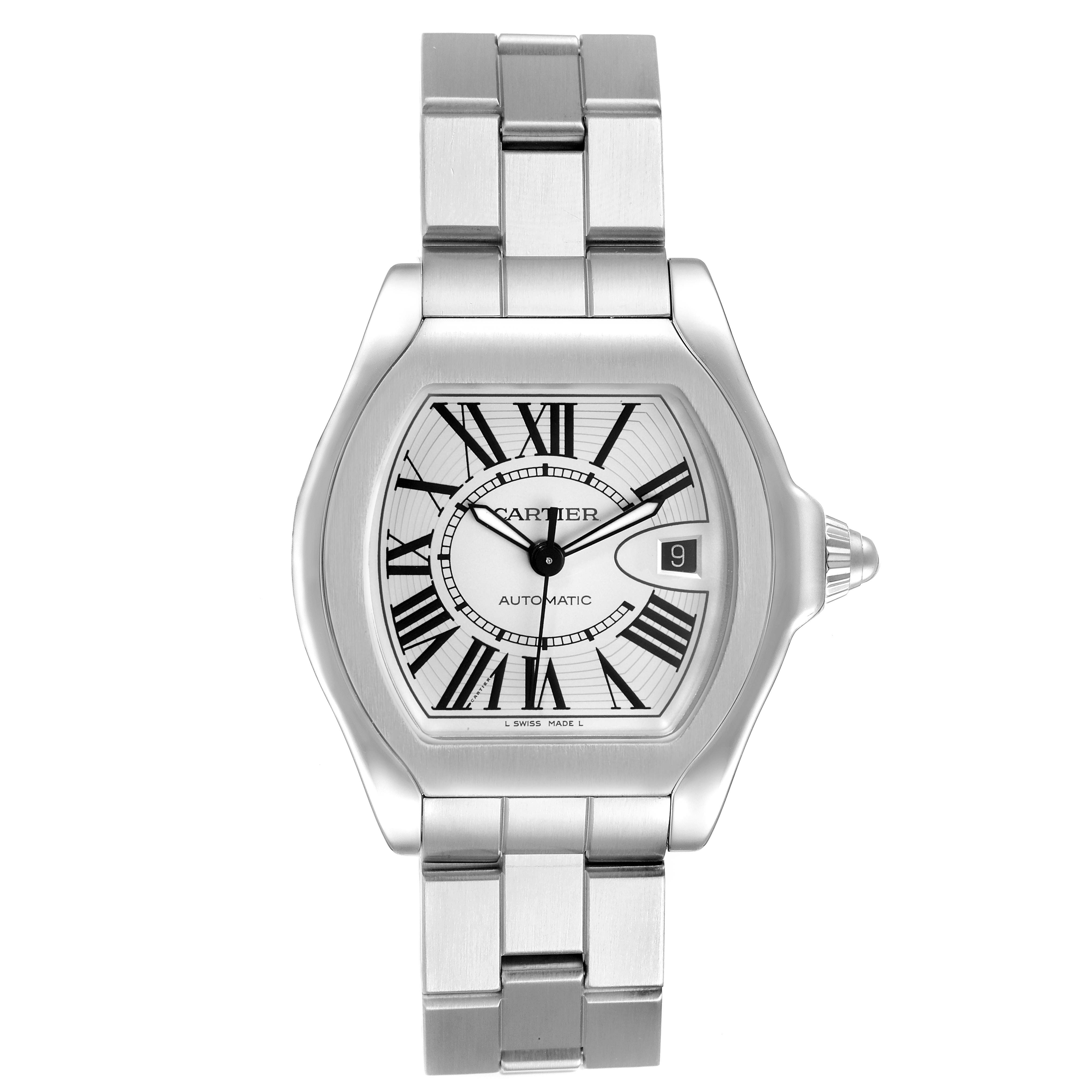 This image shows a front view of the Cartier Roadster W6206017 Men
s Stainless Steel Silver Dial W6206017 Men
s Stainless Steel Silver Dial watch, highlighting its face, bezel, and bracelet.
