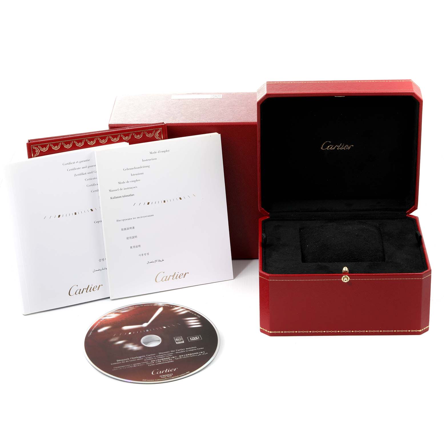 The image shows the packaging, manuals, and CD for the Cartier Roadster W6206017 Men
s Stainless Steel Silver Dial W6206017 Men
s Stainless Steel Silver Dial model watch, viewed from the front.
