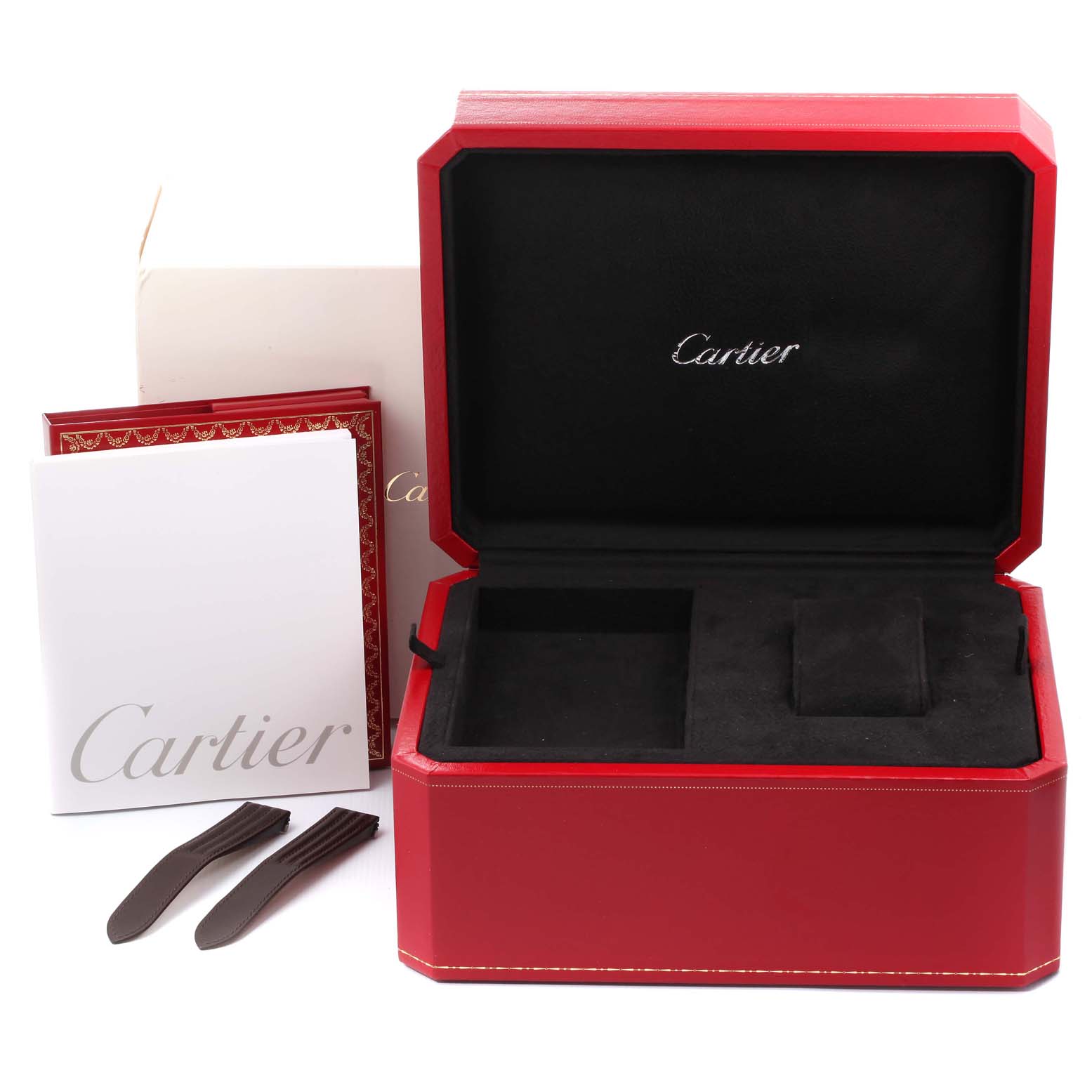 The image shows a Cartier Roadster W62019X6 Men
s Stainless Steel Silver Dial W62019X6 Men
s Stainless Steel Silver Dial watch box, spare parts, and booklets from a front-facing angle.