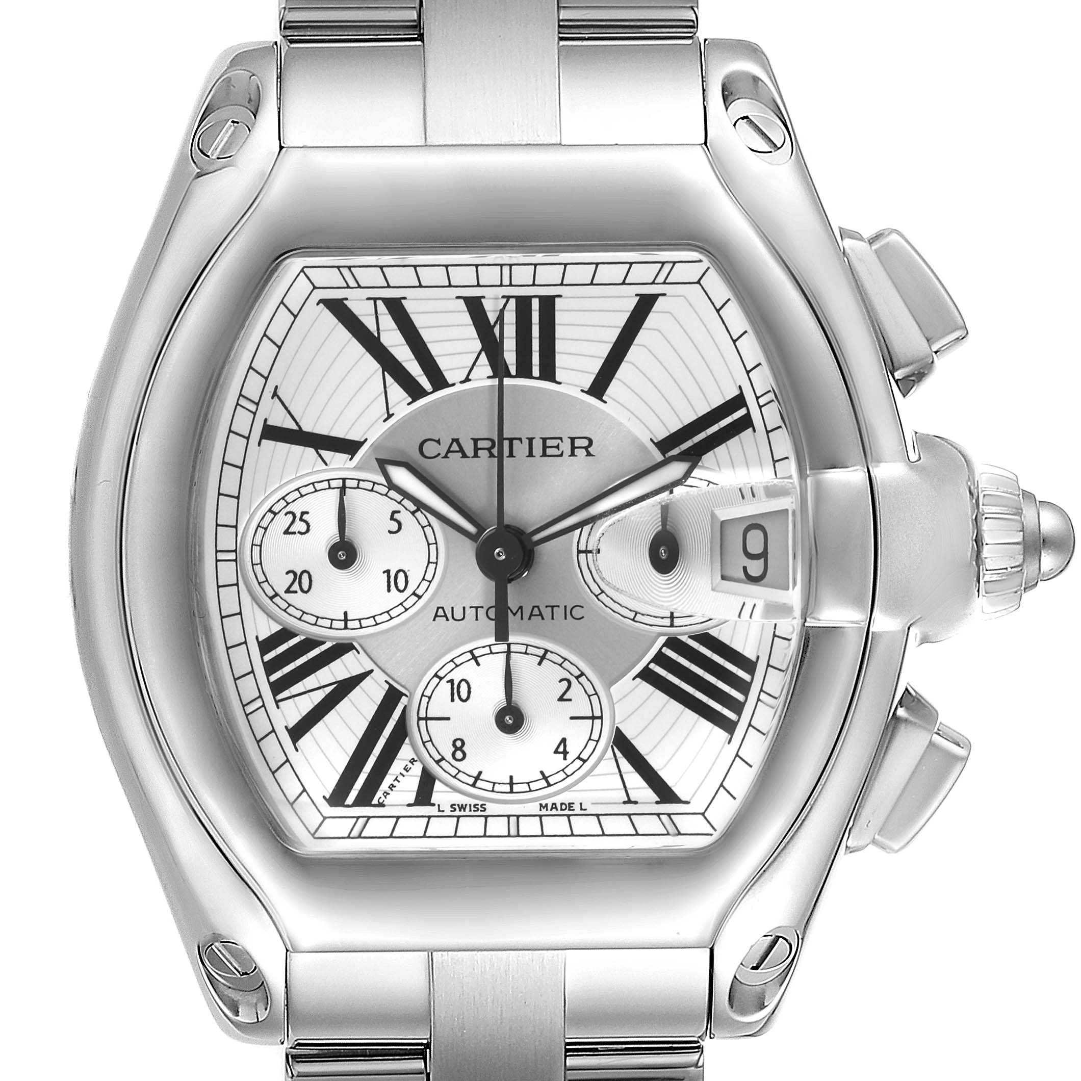The image shows a front view of the Cartier Roadster W62019X6 Men
s Stainless Steel Silver Dial W62019X6 Men
s Stainless Steel Silver Dial watch, highlighting its dial, crown, and bracelet.