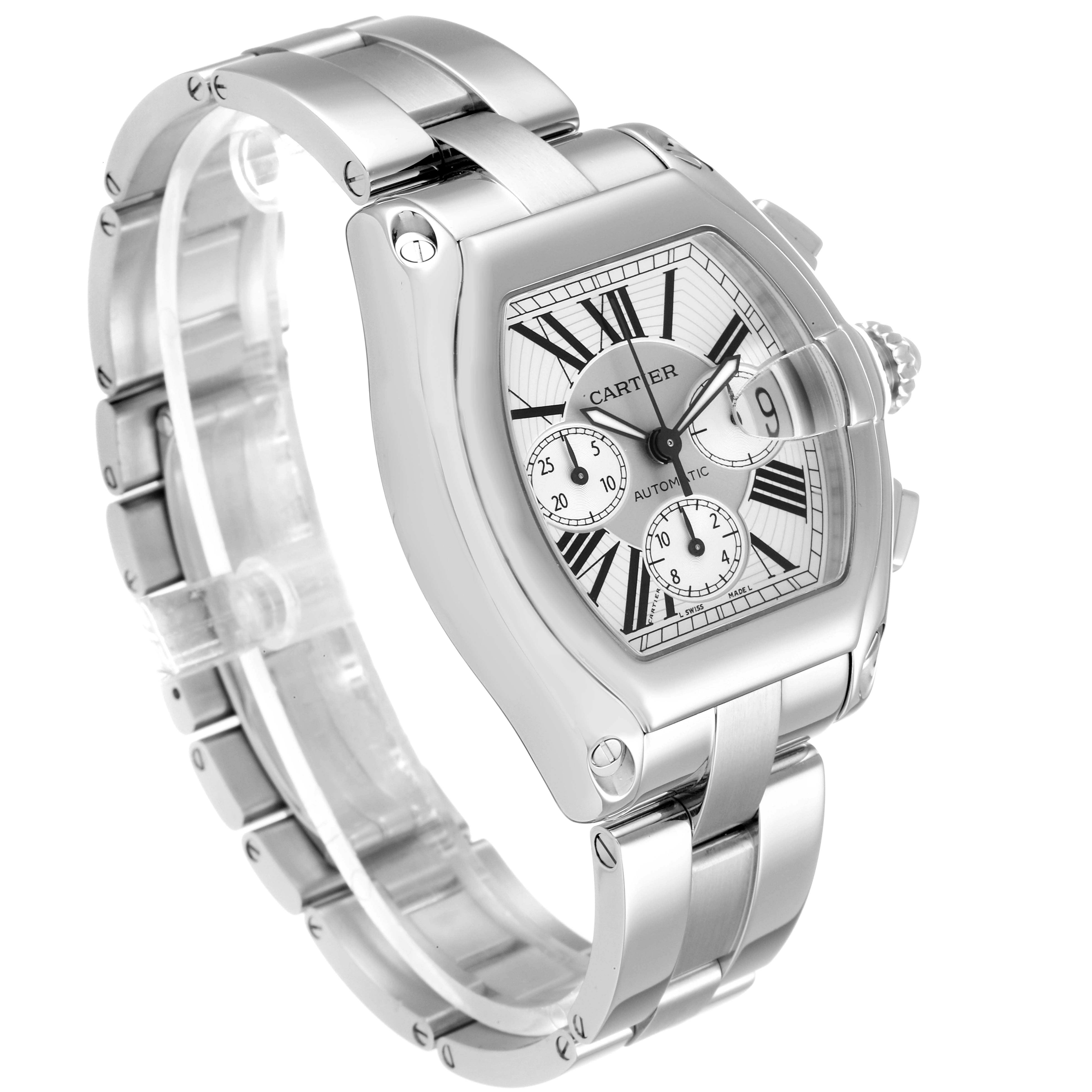 The image shows a Cartier Roadster W62019X6 Men
s Stainless Steel Silver Dial W62019X6 Men
s Stainless Steel Silver Dial watch displayed at an angle, highlighting its face, bracelet, and crown.