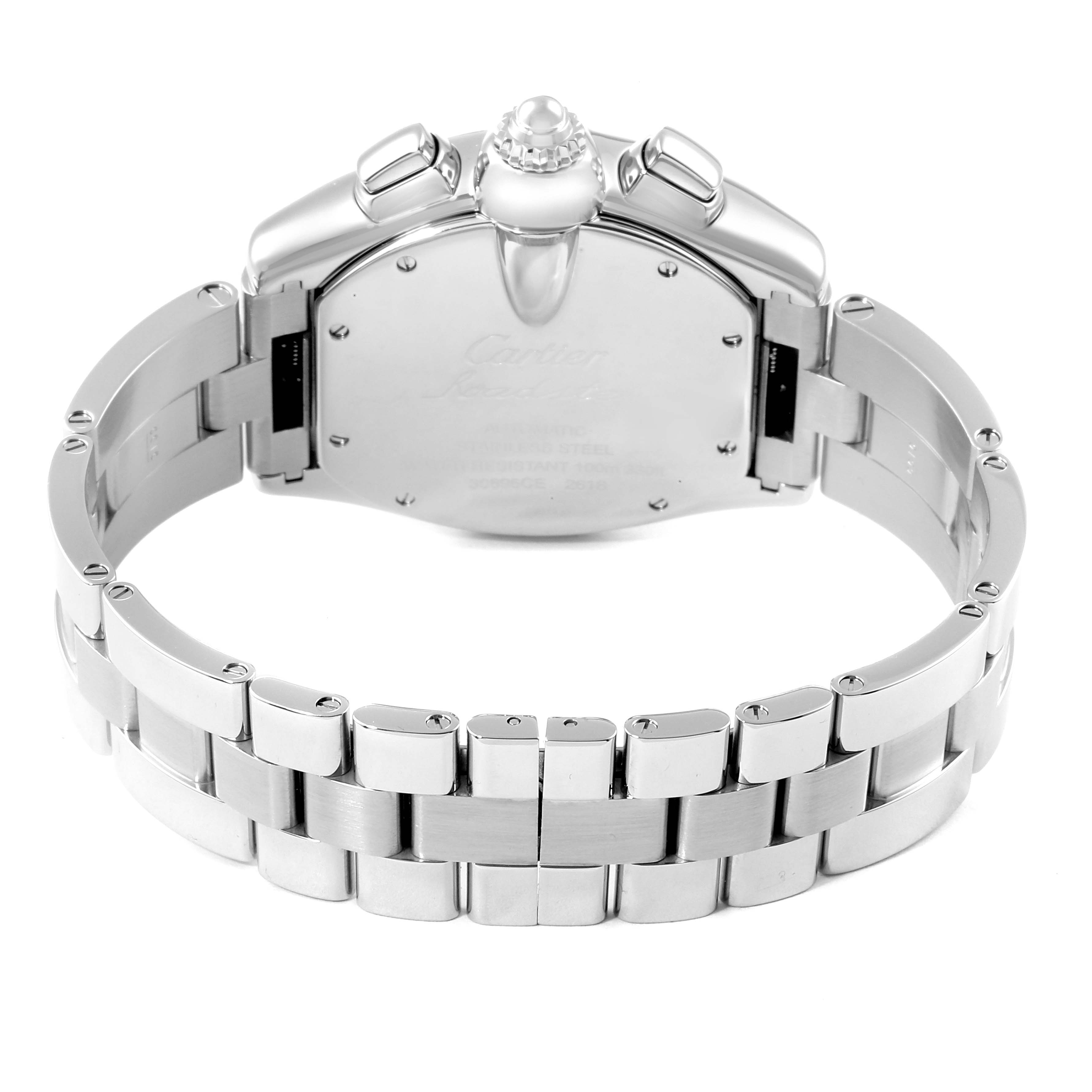 This image shows the back view of the Cartier Roadster W62019X6 Men
s Stainless Steel Silver Dial W62019X6 Men
s Stainless Steel Silver Dial watch, highlighting its case and metal bracelet.