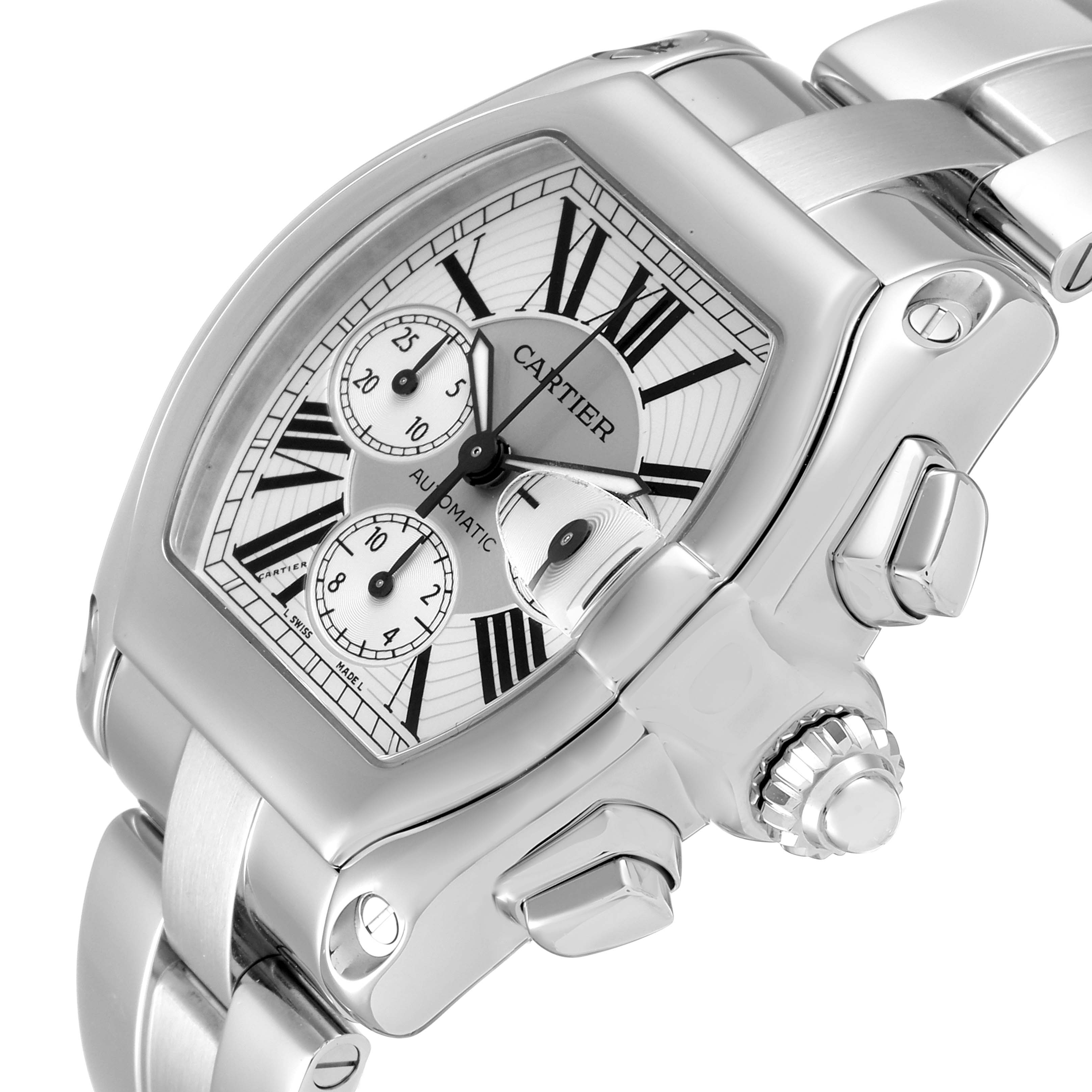 This Cartier Roadster W62019X6 Men
s Stainless Steel Silver Dial W62019X6 Men
s Stainless Steel Silver Dial watch is shown at a three-quarter angle, showcasing the dial, crown, and part of the bracelet.