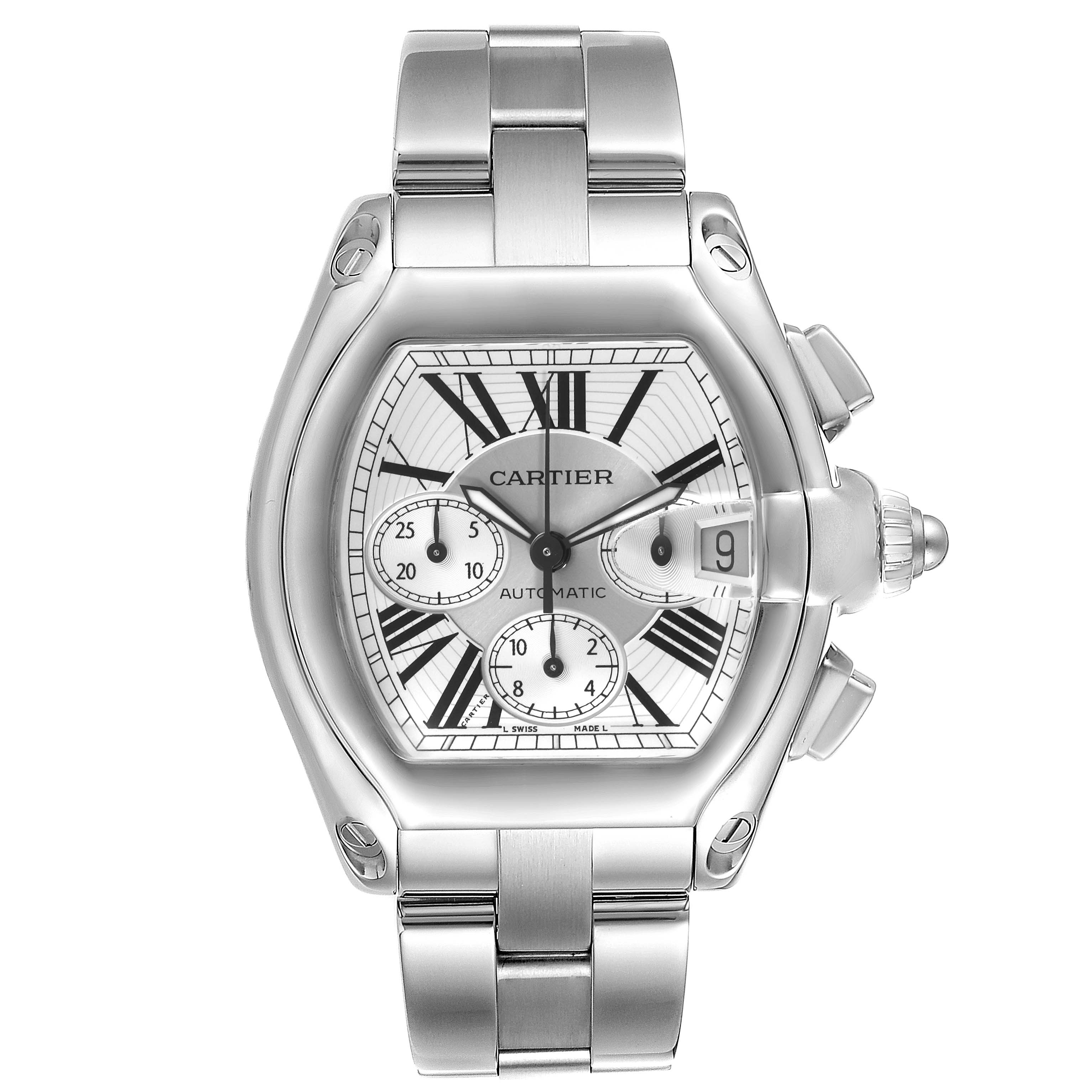 The Cartier Roadster W62019X6 Men
s Stainless Steel Silver Dial W62019X6 Men
s Stainless Steel Silver Dial watch is shown from a top-down angle, highlighting its face, bezel, and stainless steel bracelet.