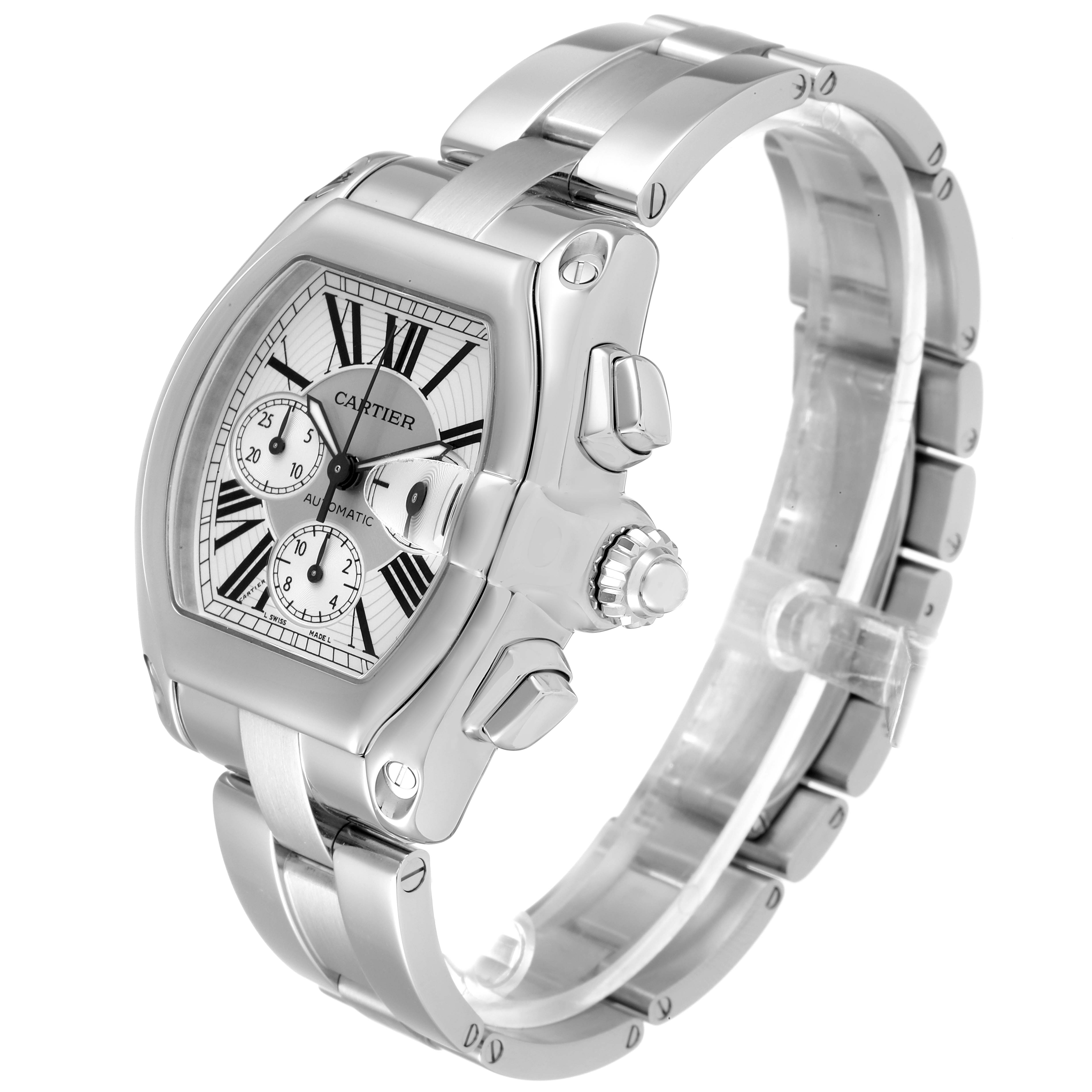 The Cartier Roadster W62019X6 Men
s Stainless Steel Silver Dial W62019X6 Men
s Stainless Steel Silver Dial watch is shown at a three-quarter angle, displaying the face, bezel, crown, and bracelet.