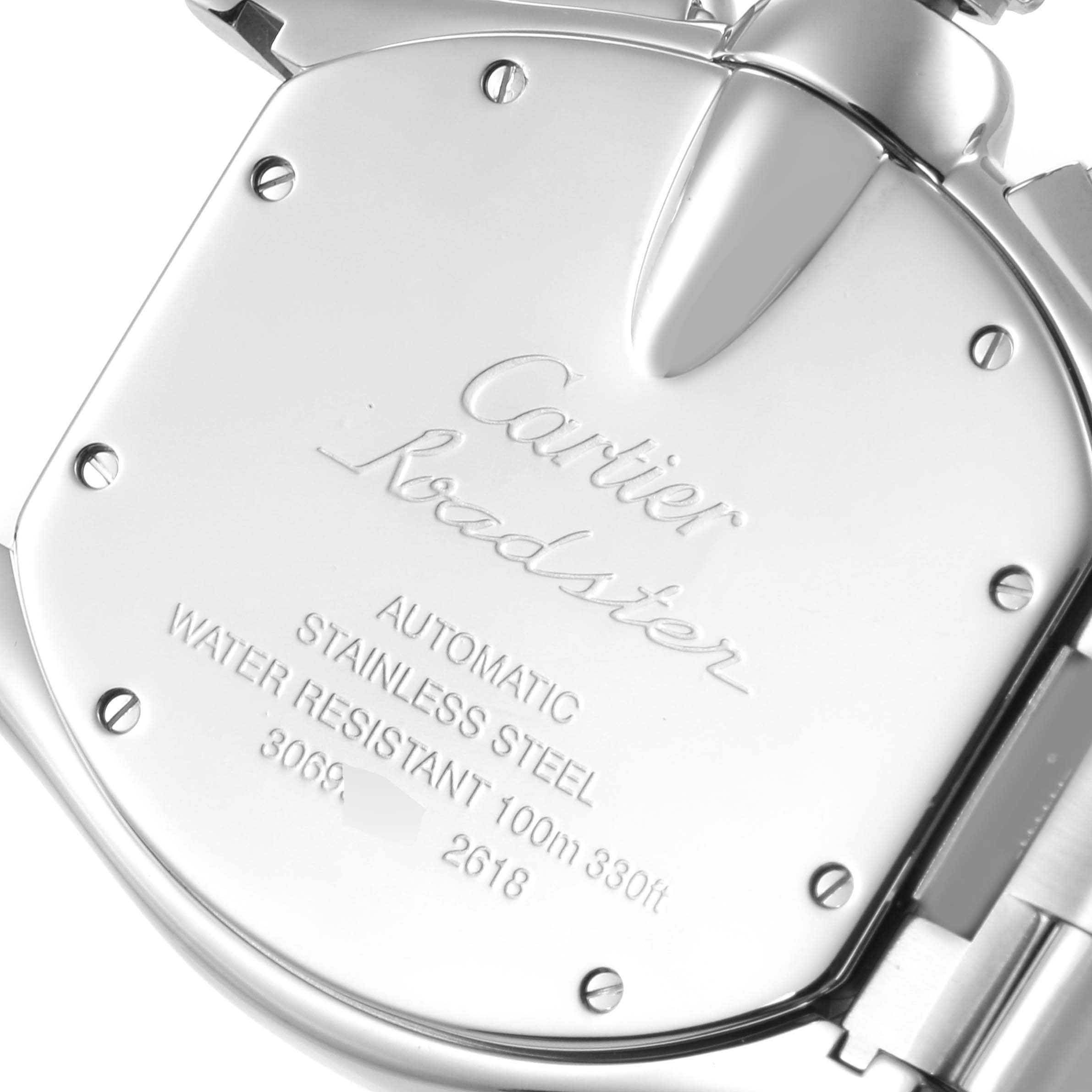 The image shows the back case of a Cartier Roadster W62019X6 Men
s Stainless Steel Silver Dial W62019X6 Men
s Stainless Steel Silver Dial watch with brand markings and specifications.