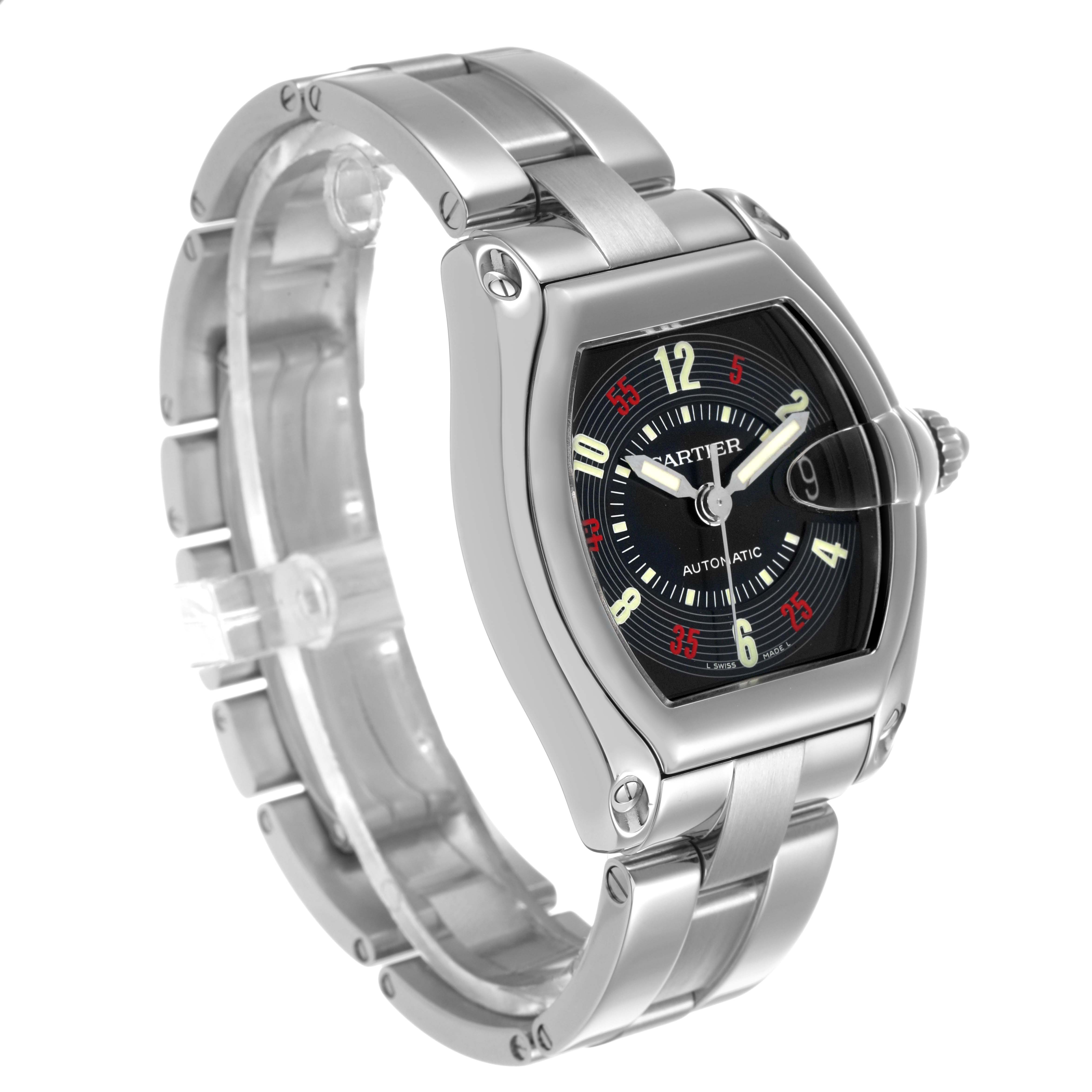 The Cartier Roadster W62002V3 Men's Stainless Steel Black Dial watch is shown at a three-quarter angle, highlighting the dial, case, and bracelet.