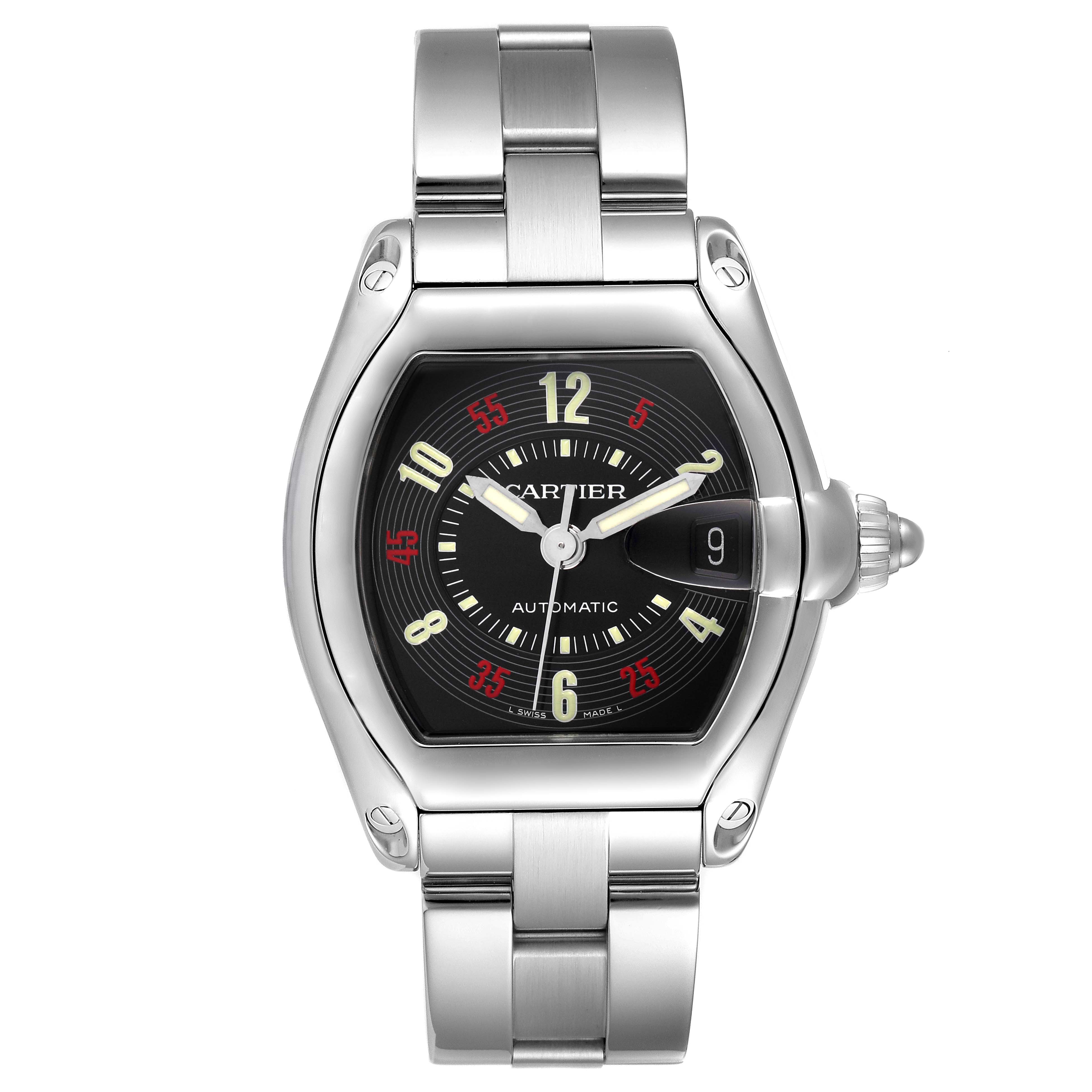 The Cartier Roadster W62002V3 Men's Stainless Steel Black Dial watch is shown from the front, displaying the face, bezel, crown, and bracelet.