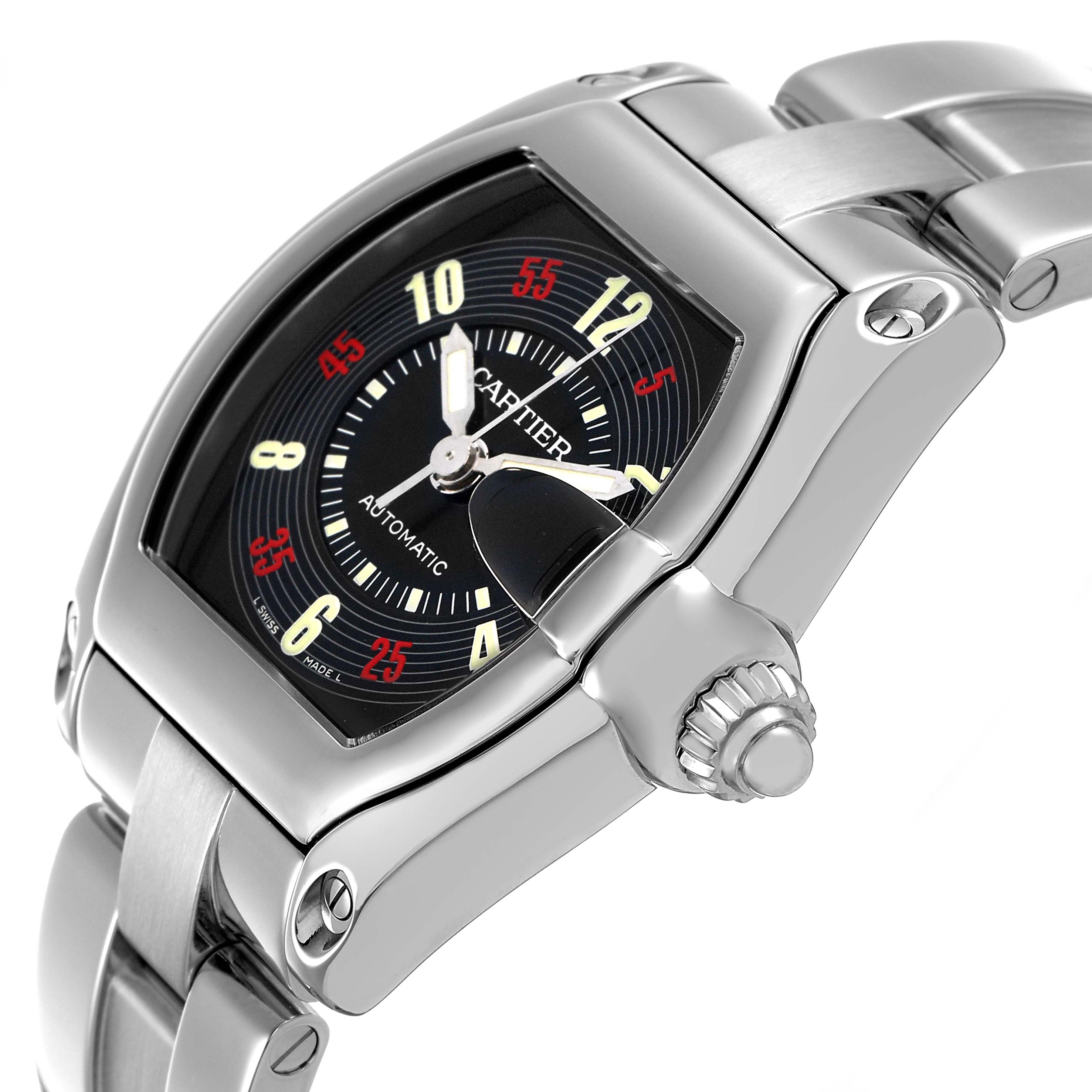 The Cartier Roadster W62002V3 Men's Stainless Steel Black Dial watch is shown from a side angle, highlighting the face, bezel, crown, and metal bracelet.