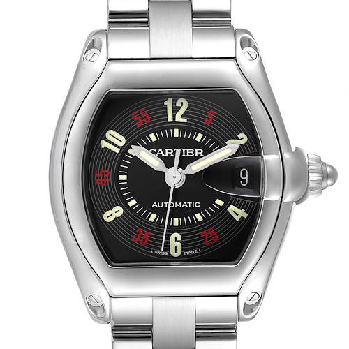 The Cartier Roadster W62002V3 Men's Stainless Steel Black Dial watch is shown from the front, highlighting its black dial, date window, and metal bracelet.