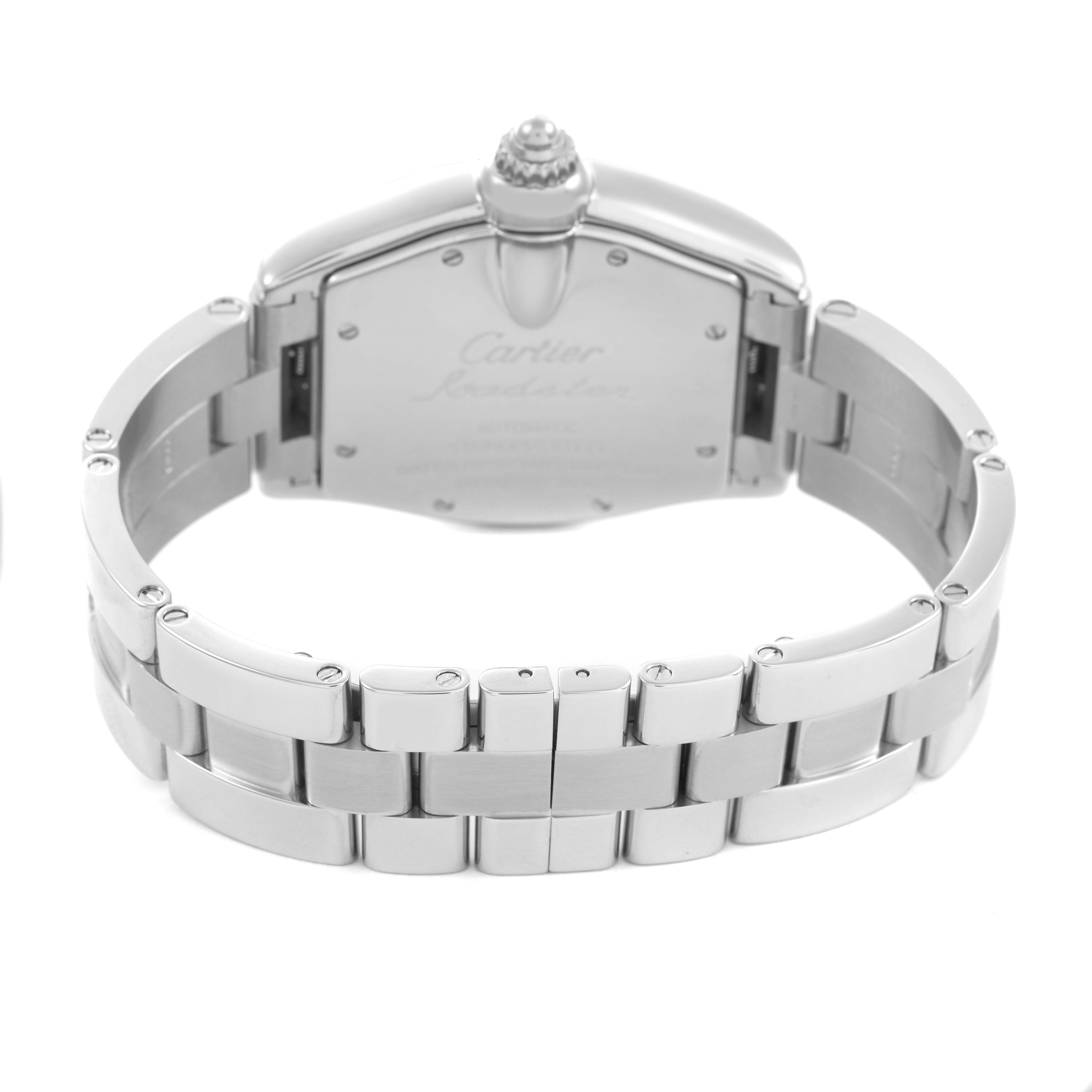 The Cartier Roadster W62002V3 Men's Stainless Steel Black Dial watch is shown from the back, highlighting the caseback and metal bracelet.