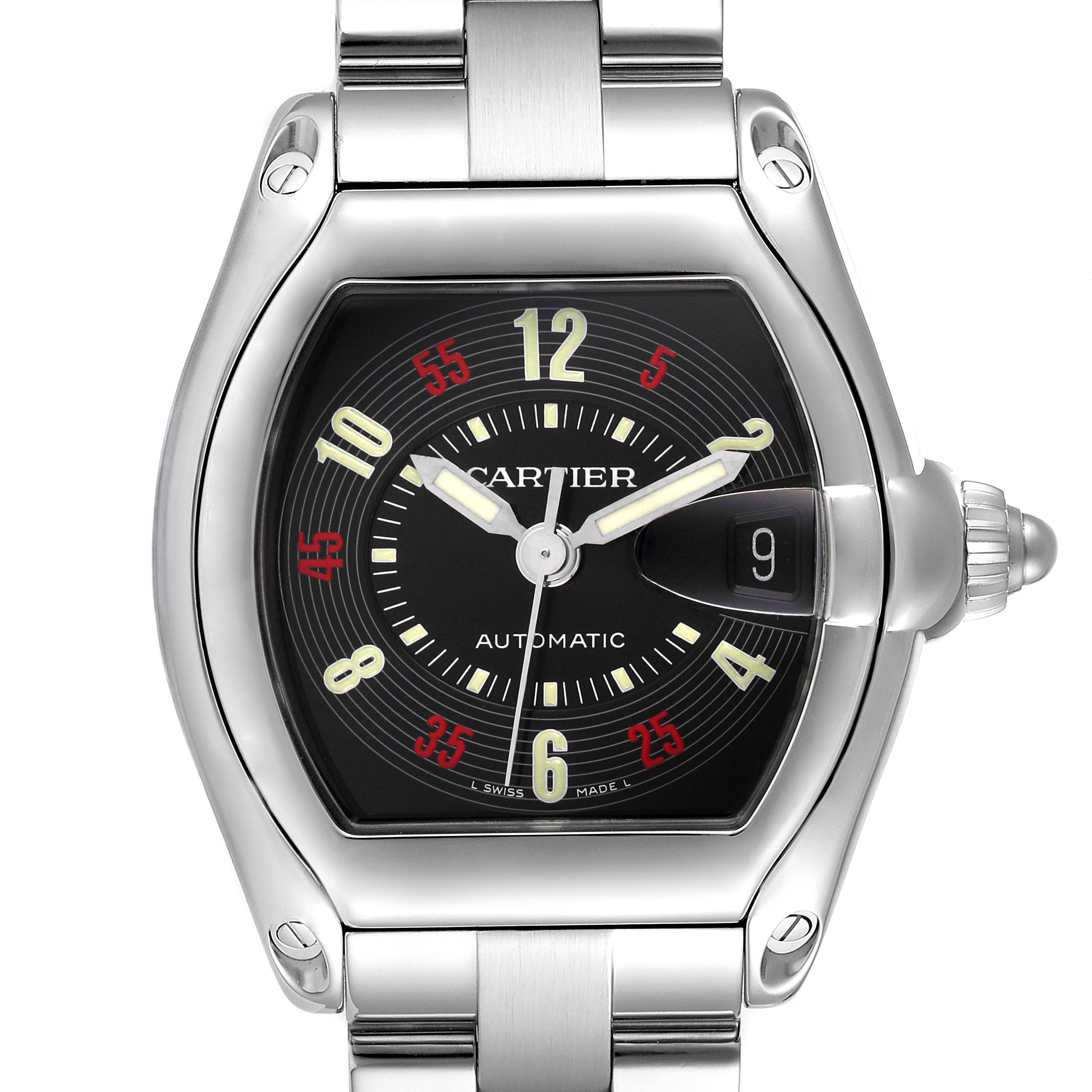 The Cartier Roadster W62002V3 Men's Stainless Steel Black Dial model watch is shown from a front angle, highlighting the dial, hands, and bracelet.