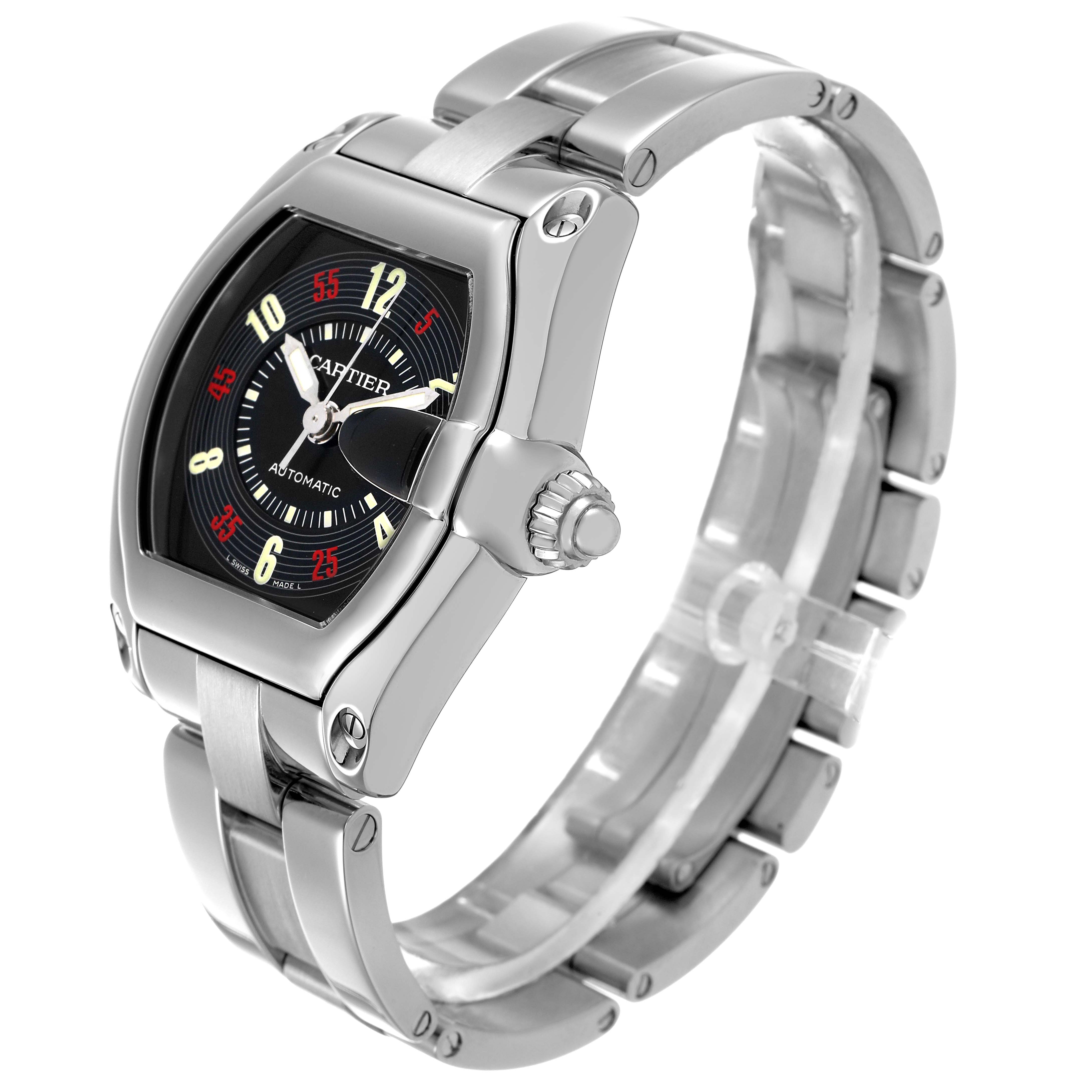 The Cartier Roadster W62002V3 Men's Stainless Steel Black Dial watch is shown at a three-quarter angle displaying its face, case, crown, and bracelet.