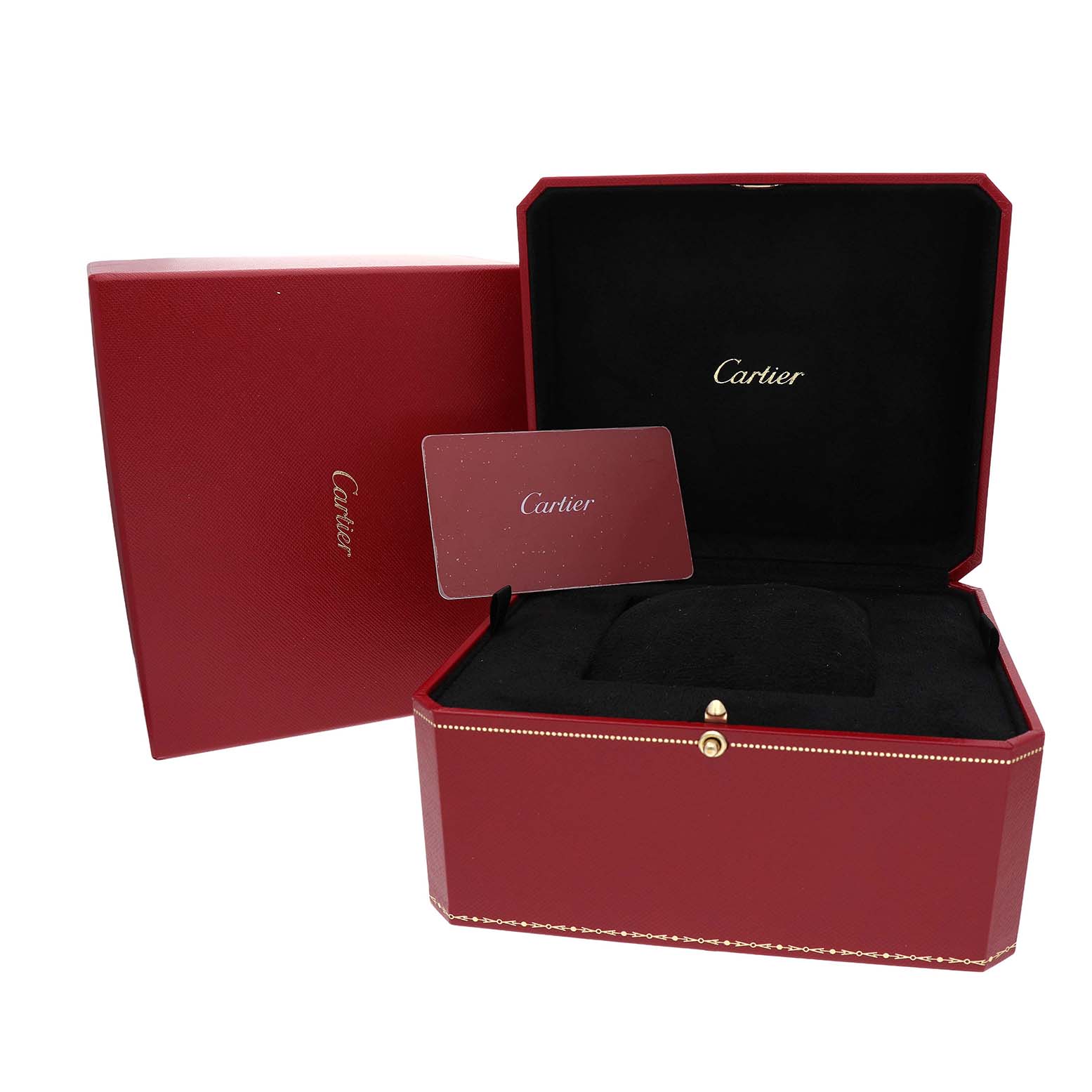 The image shows a Cartier Santos Dumont W2020068 Men's Rose Gold Grey Dial watch box with a card, emphasizing its luxurious packaging.