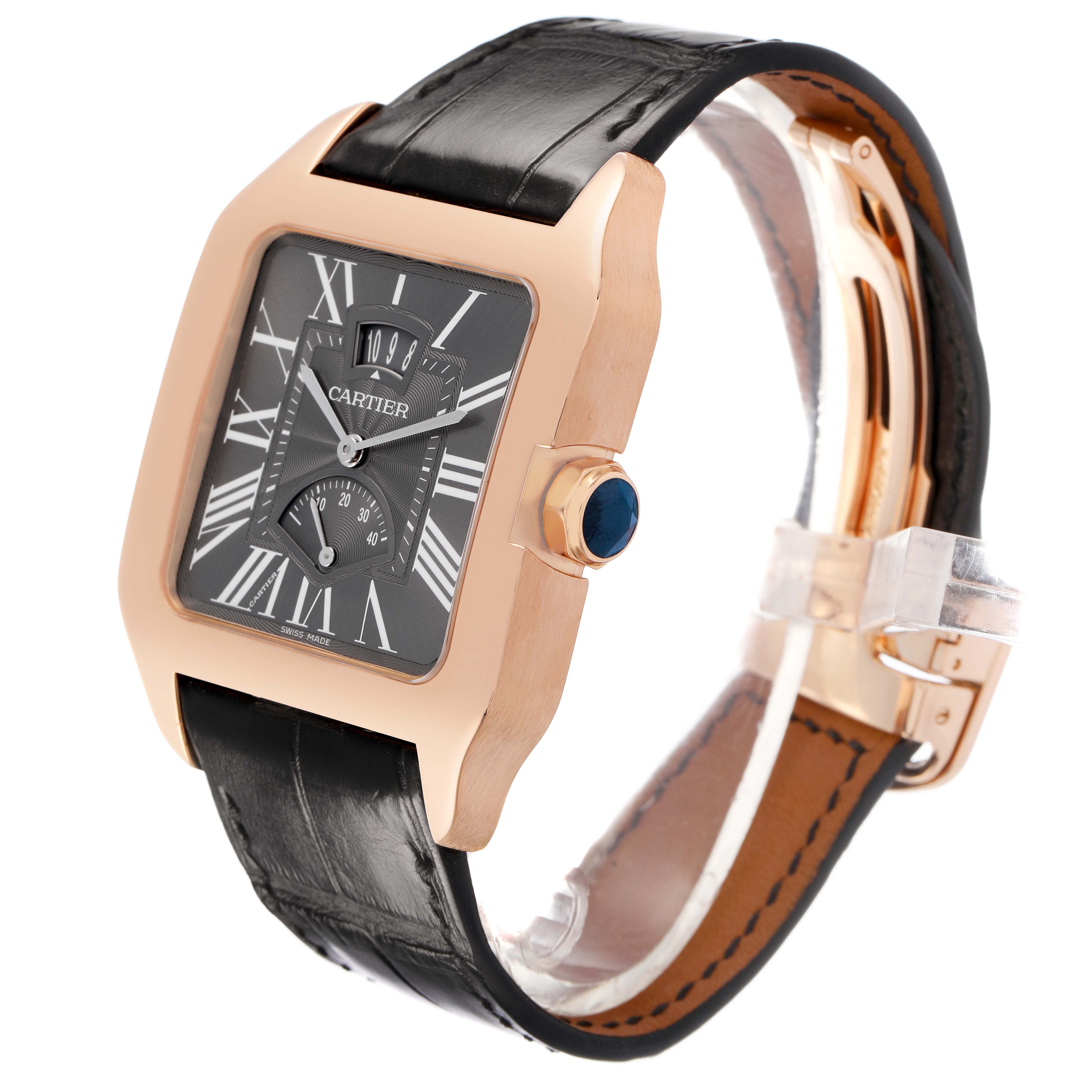 The Cartier Santos Dumont W2020068 Men's Rose Gold Grey Dial watch is shown at an angle, highlighting its dial, crown, and leather strap.