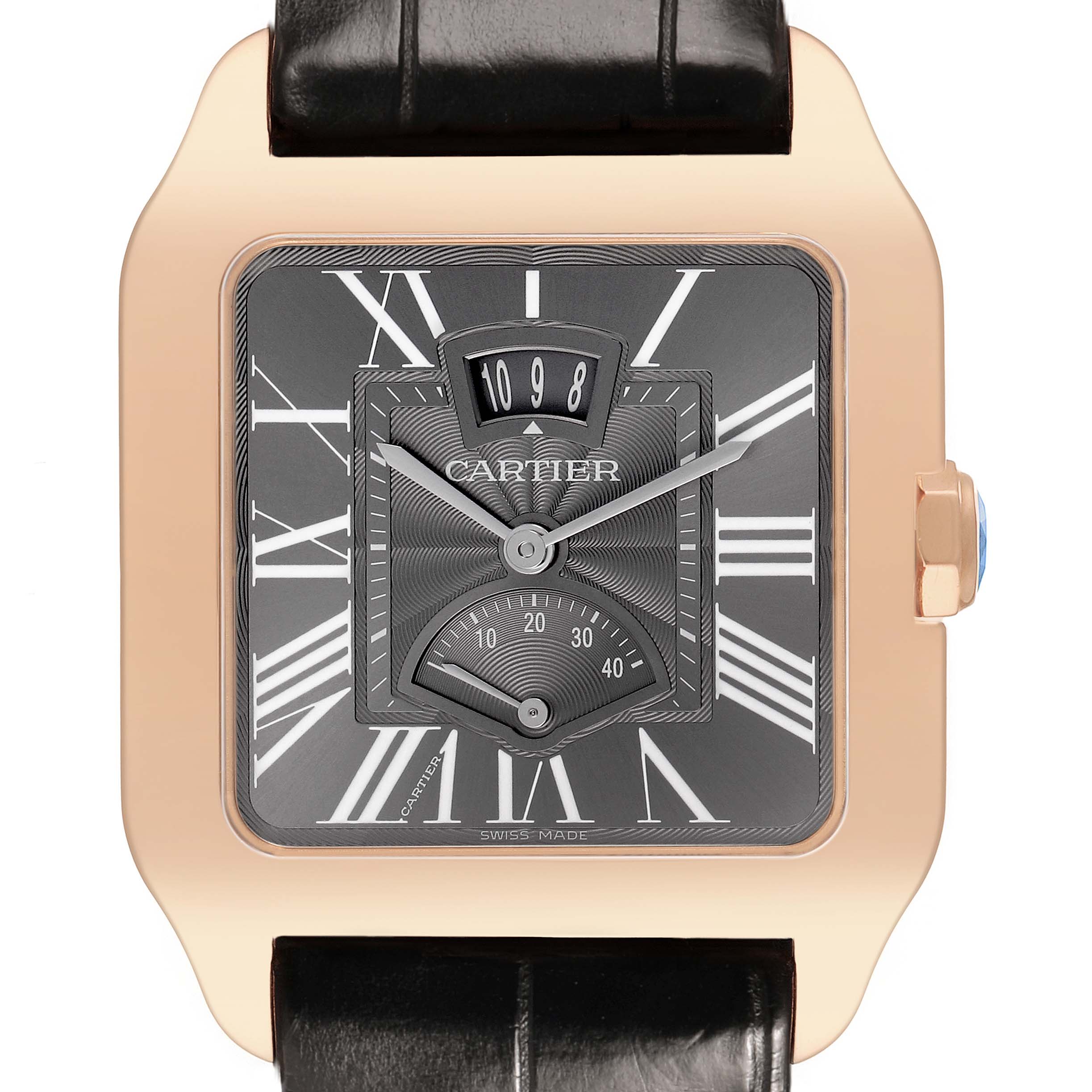 The Cartier Santos Dumont W2020068 Men's Rose Gold Grey Dial watch is shown from a front angle, displaying its face, hands, and Roman numerals.