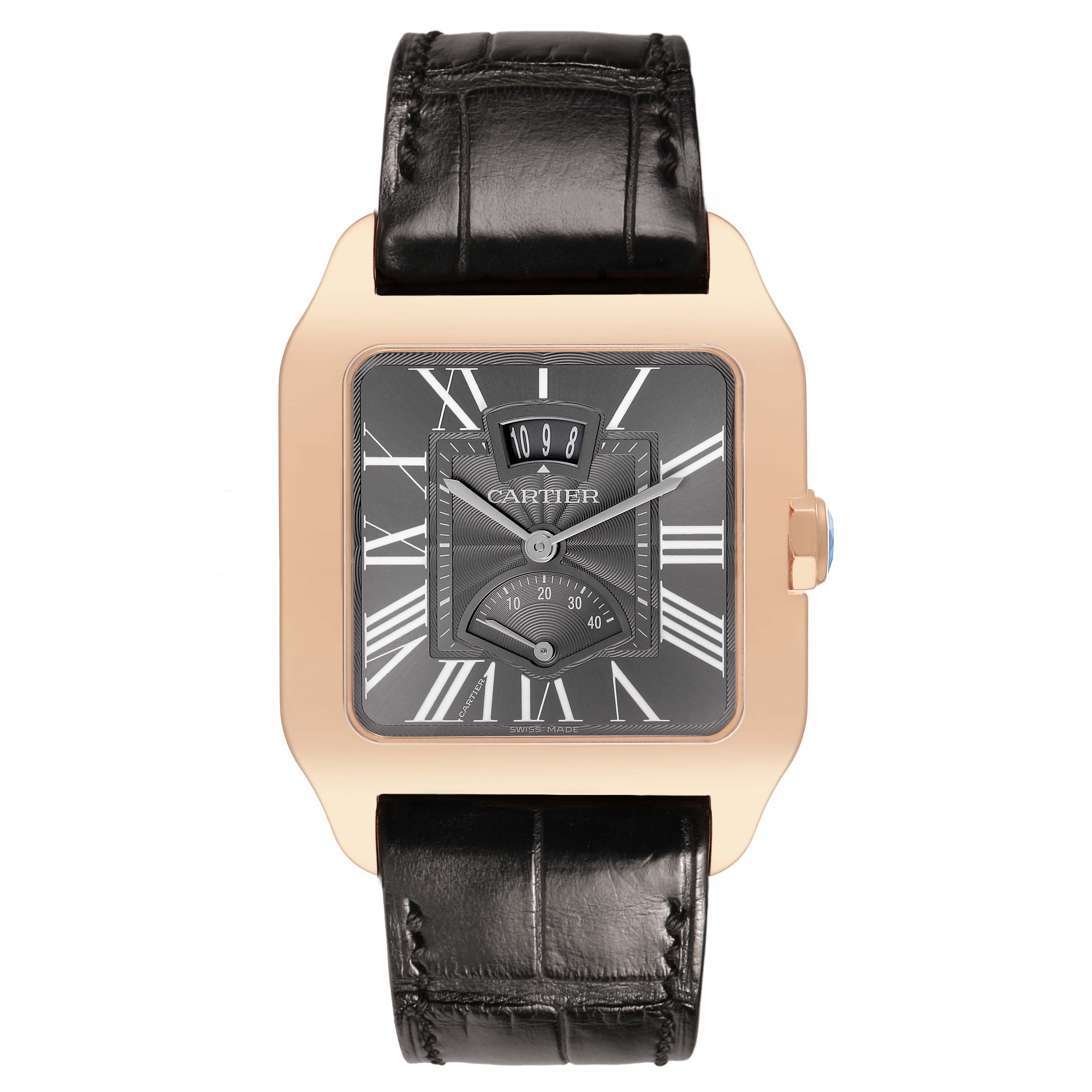 The Cartier Santos Dumont W2020068 Men's Rose Gold Grey Dial watch is shown from the front, highlighting its square face, Roman numerals, and black leather strap.