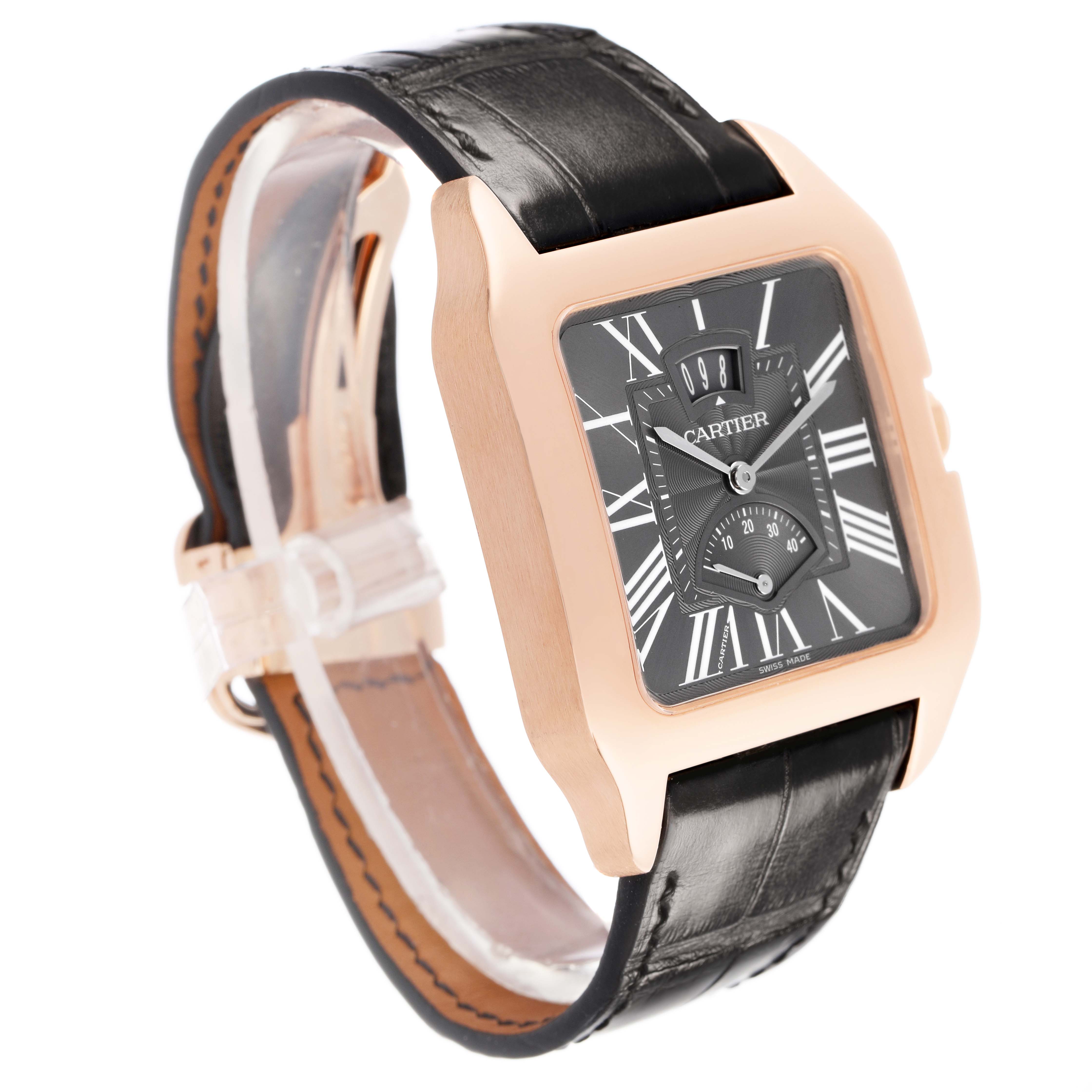The Cartier Santos Dumont W2020068 Men's Rose Gold Grey Dial watch is shown at a three-quarter angle, displaying its face, bezel, and leather strap.