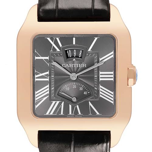 The Cartier Santos Dumont W2020068 Men's Rose Gold Grey Dial watch is shown from the front, featuring a square case, Roman numeral dial, and a leather strap.