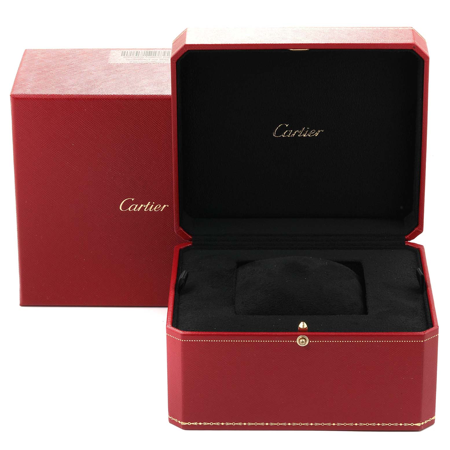 The image shows an open Cartier watch box for the Tank Francaise model, revealing its interior and cushion.