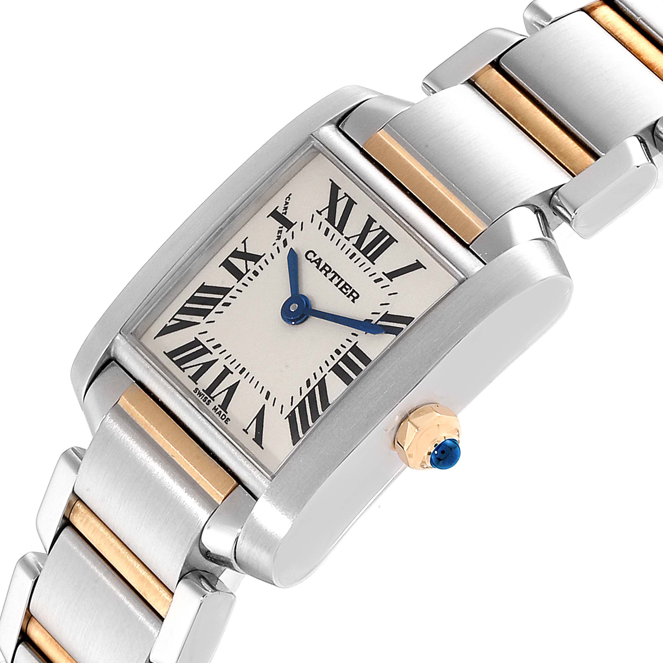 This image shows a Cartier Tank Francaise W51007Q4 Women's Steel and Gold (two tone) Silver Dial W51007Q4 Women's Steel and Gold (two tone) Silver Dial watch at a slight angle, highlighting its Roman numeral dial, steel and gold bracelet, and crown.