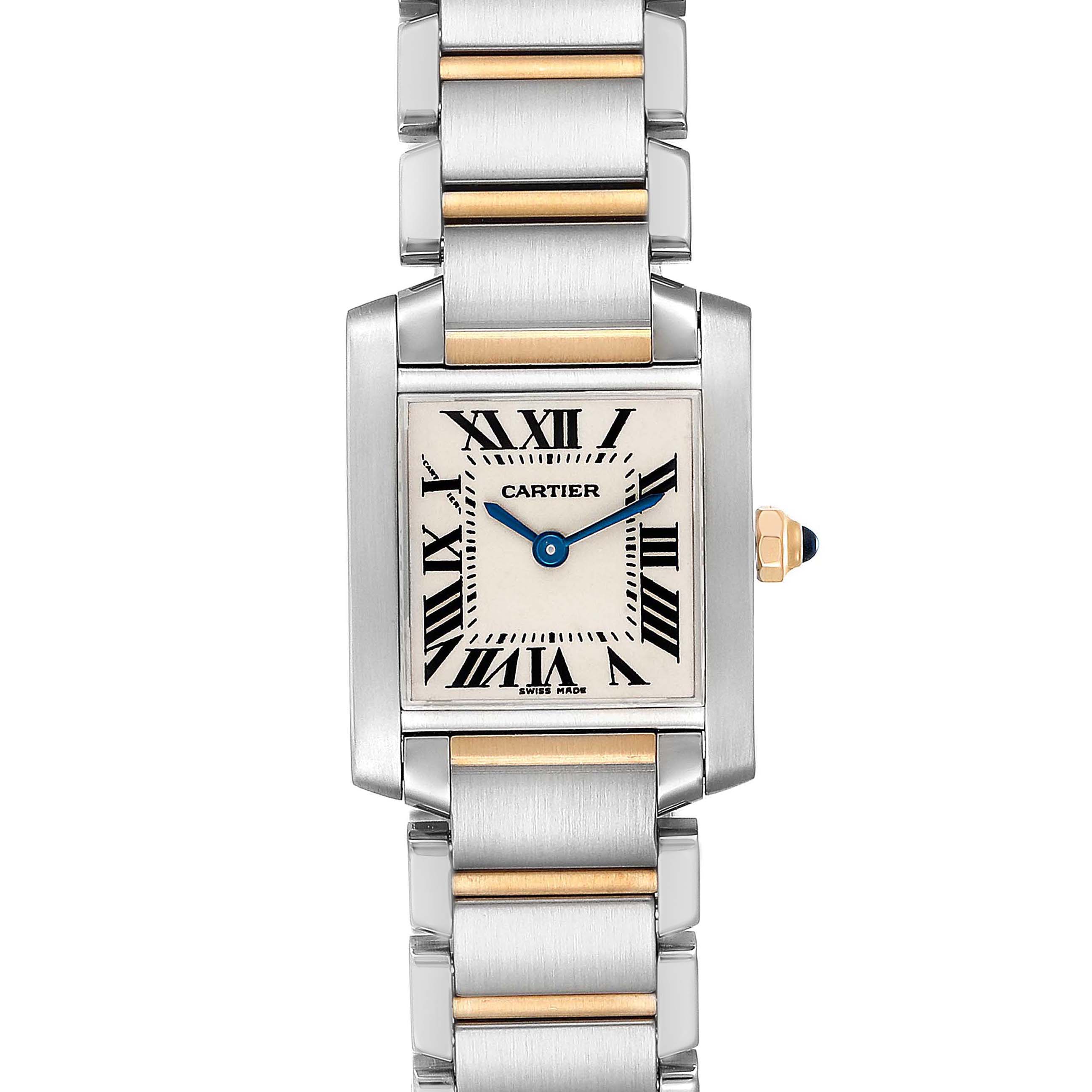 The Cartier Tank Francaise W51007Q4 Women's Steel and Gold (two tone) Silver Dial W51007Q4 Women's Steel and Gold (two tone) Silver Dial watch is shown from a top-down angle, displaying its face and part of the band.