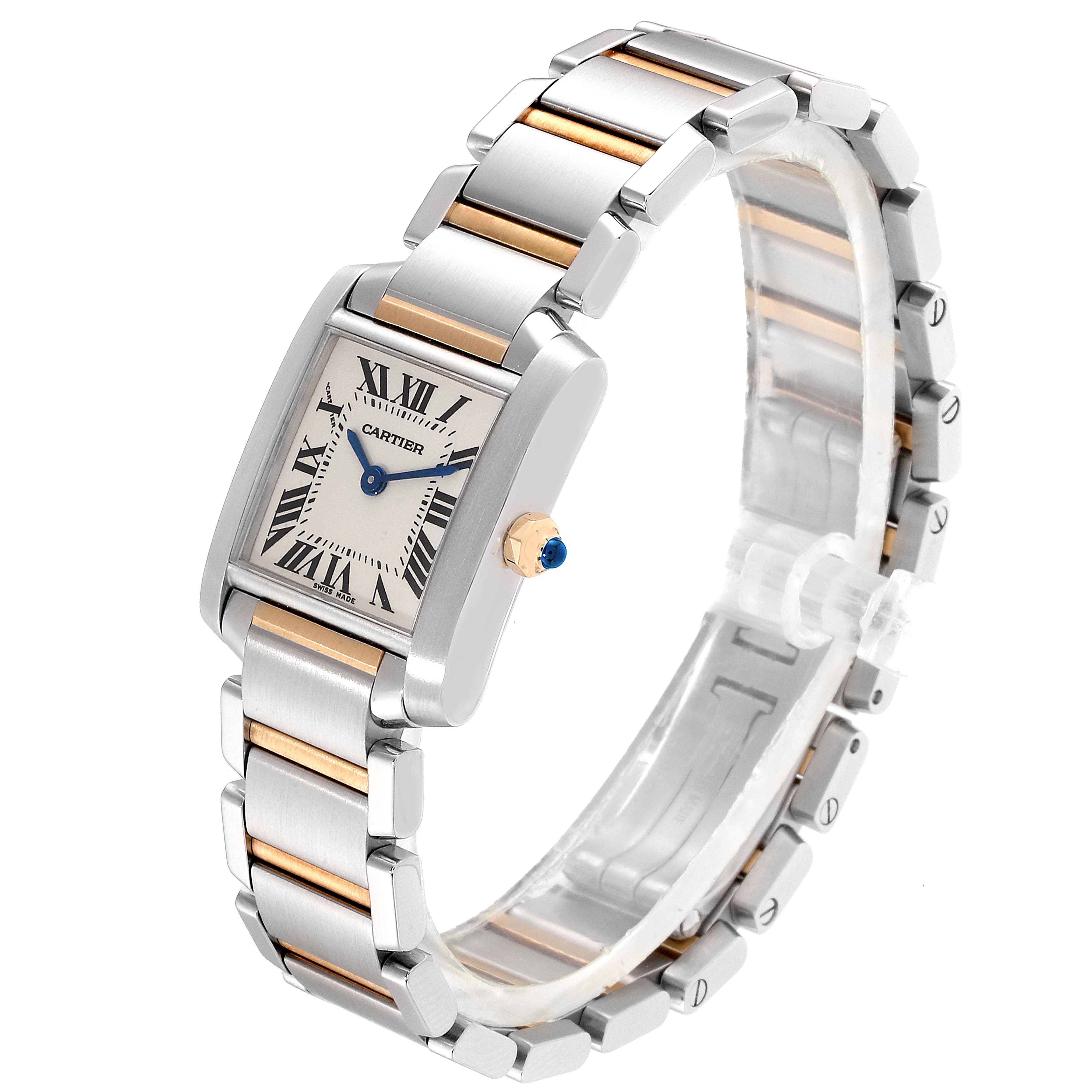 This image shows a Cartier Tank Française watch from an angled side and top-down view, highlighting its band and rectangular face.