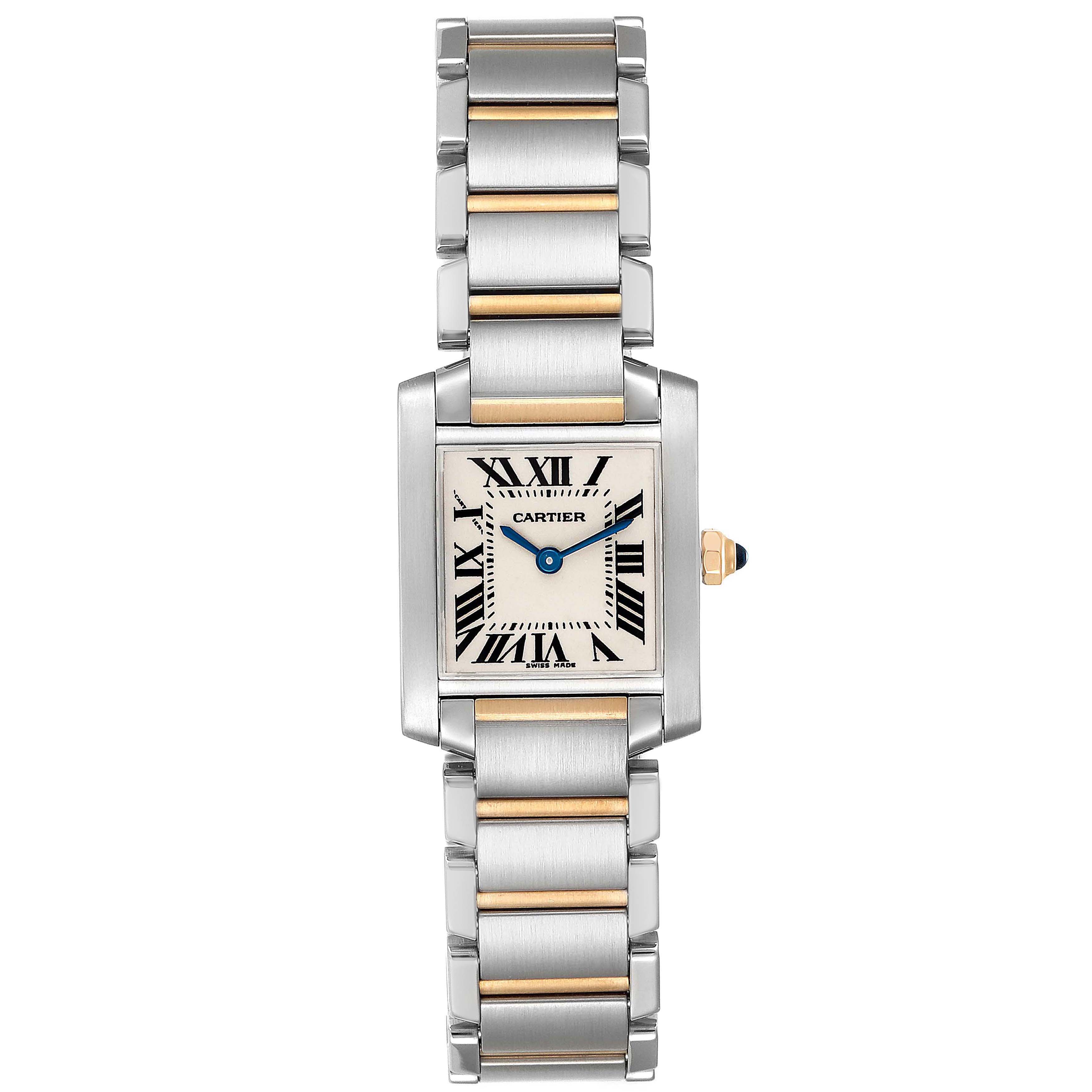 The image shows a top view of the Tank Francaise model by Cartier, highlighting its rectangular face and metal bracelet.