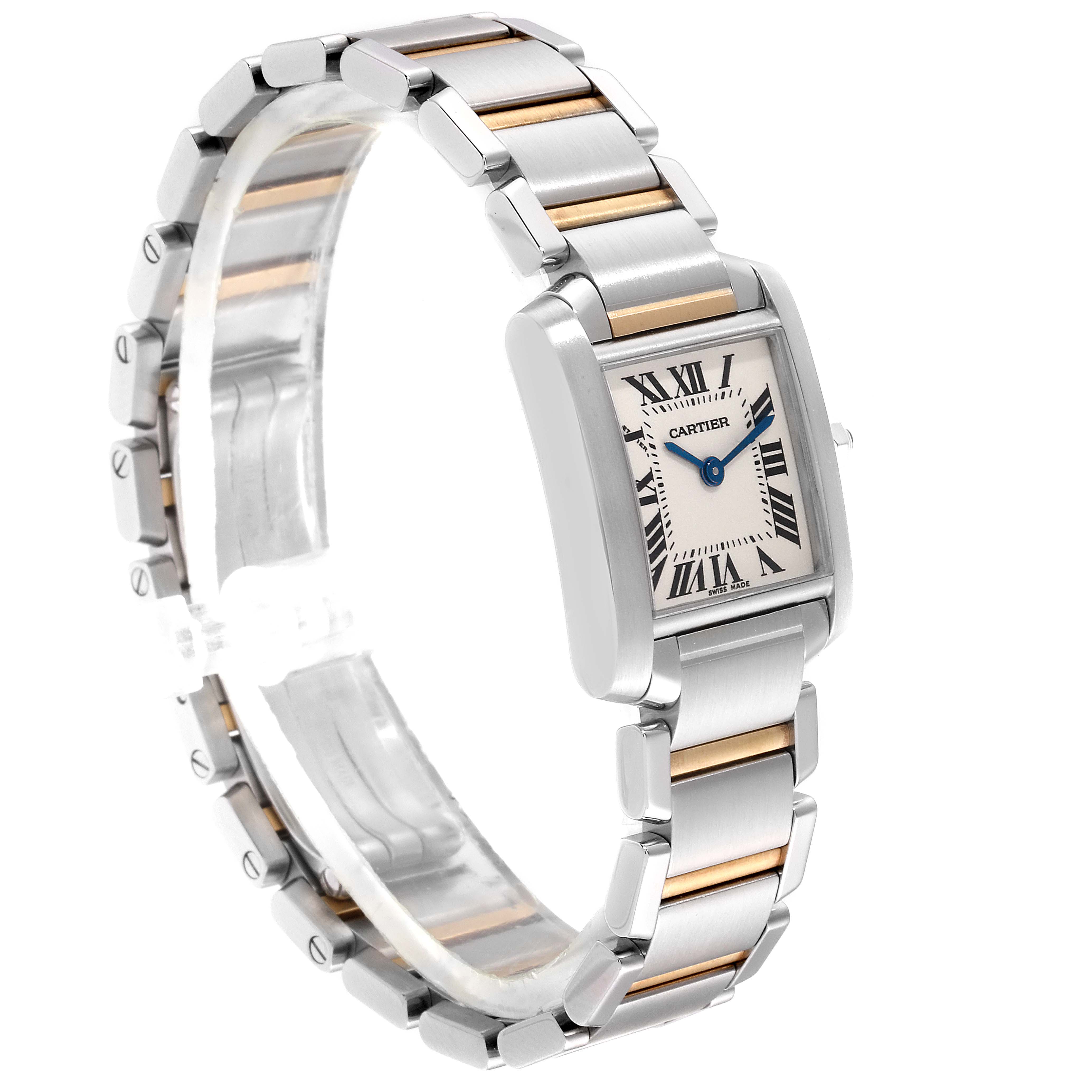 The image shows a Cartier Tank Française watch at a high-angled three-quarter view, highlighting its bracelet and dial.
