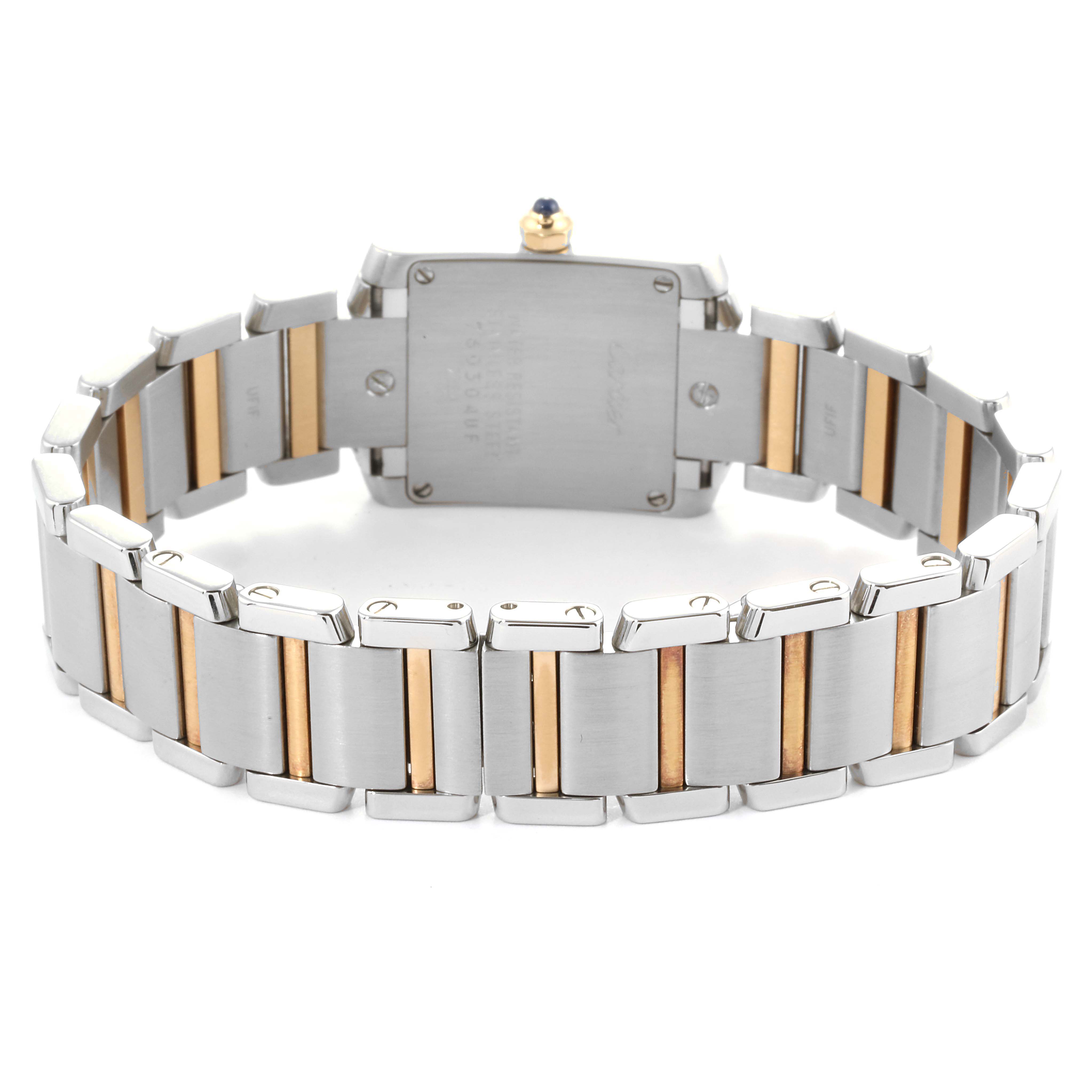 This image shows the back side and band of a Cartier Tank Francaise W51007Q4 Women's Steel and Gold (two tone) Silver Dial W51007Q4 Women's Steel and Gold (two tone) Silver Dial watch.