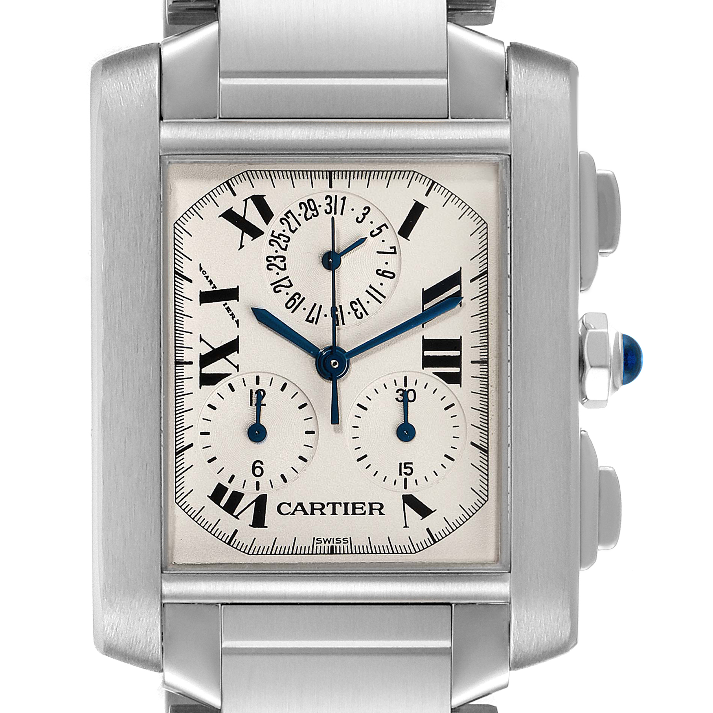 The image shows a frontal view of the Cartier Tank Française watch, highlighting the dial with blue hands and two sub-dials.