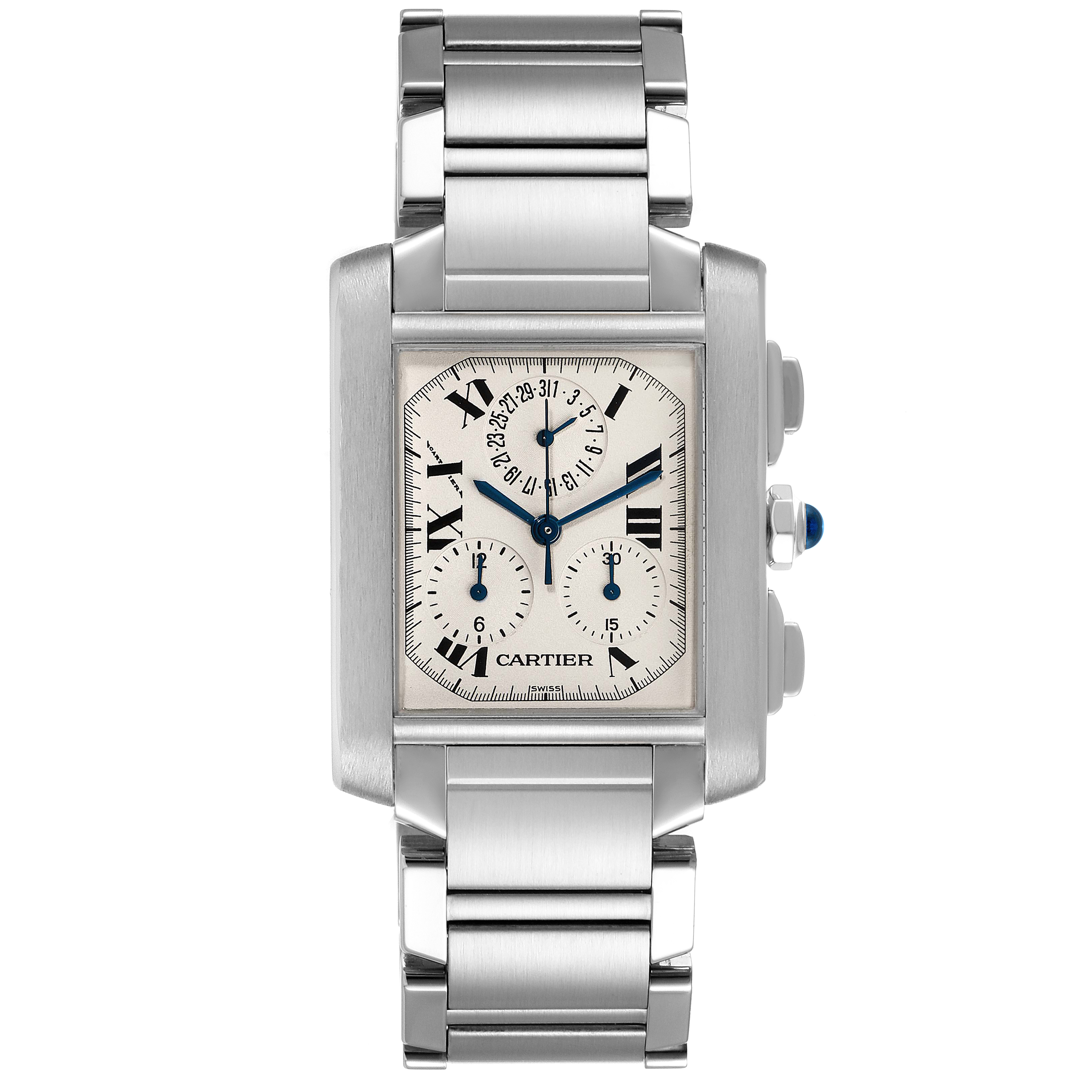 The image shows a front view of the Cartier Tank Francaise W51001Q3 Men's Stainless Steel Silver Dial W51001Q3 Men's Stainless Steel Silver Dial watch, highlighting the face, dial, and bracelet.
