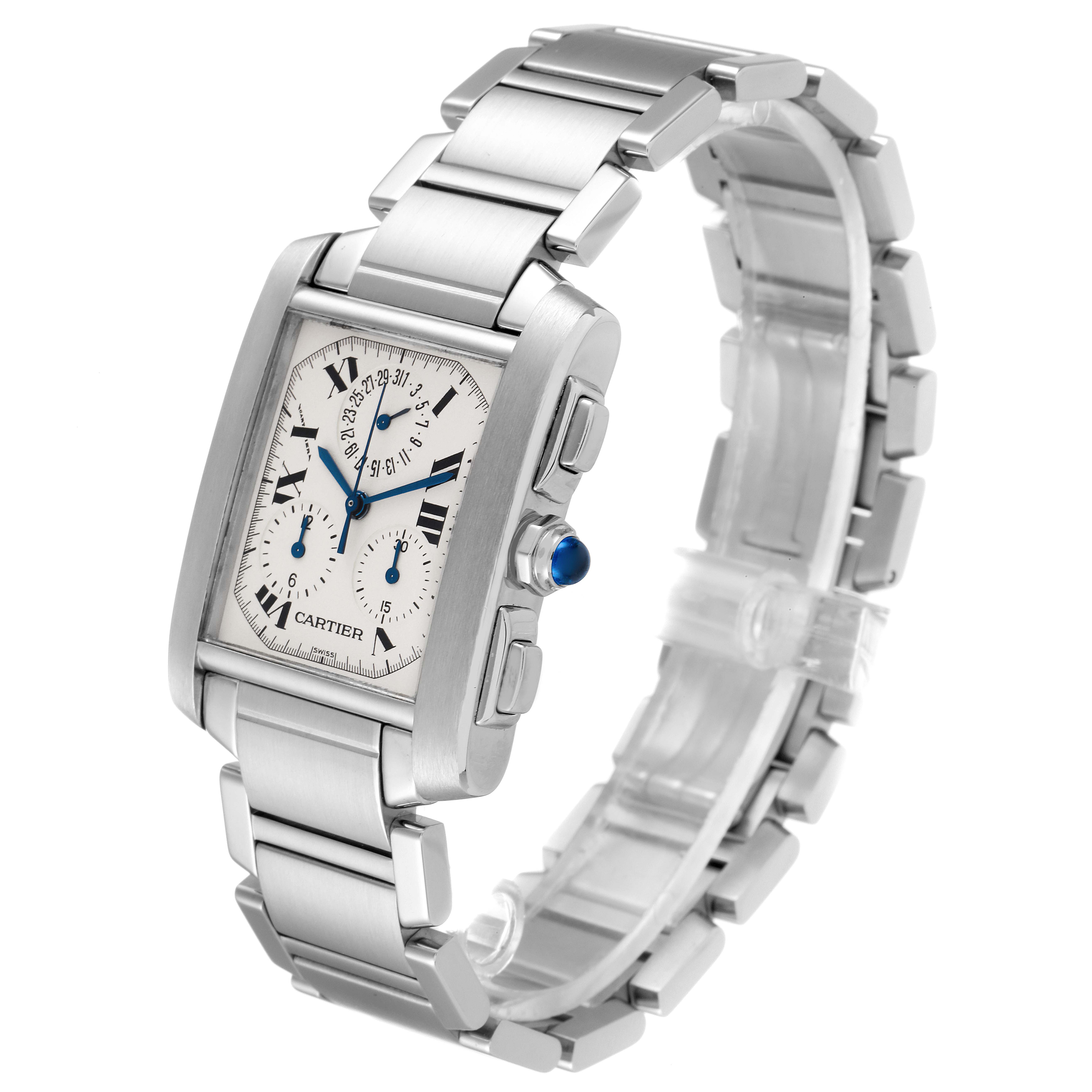 The Cartier Tank Francaise W51001Q3 Men's Stainless Steel Silver Dial W51001Q3 Men's Stainless Steel Silver Dial watch is shown at a 3/4 angle, displaying its bracelet, face, and side.