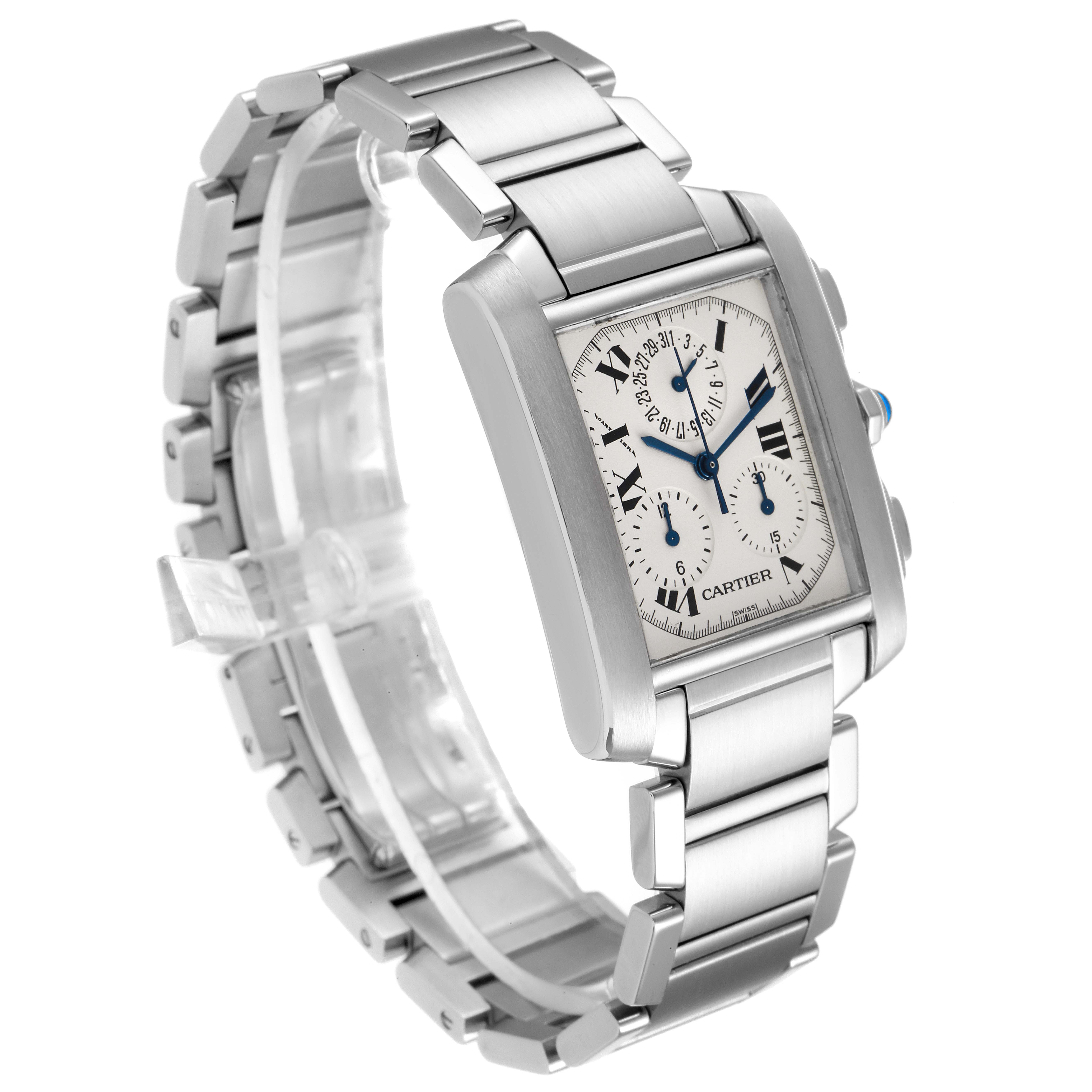 The image shows a Cartier Tank Francaise W51001Q3 Men's Stainless Steel Silver Dial W51001Q3 Men's Stainless Steel Silver Dial watch from a three-quarter angle, displaying its face, bracelet, and side buttons.