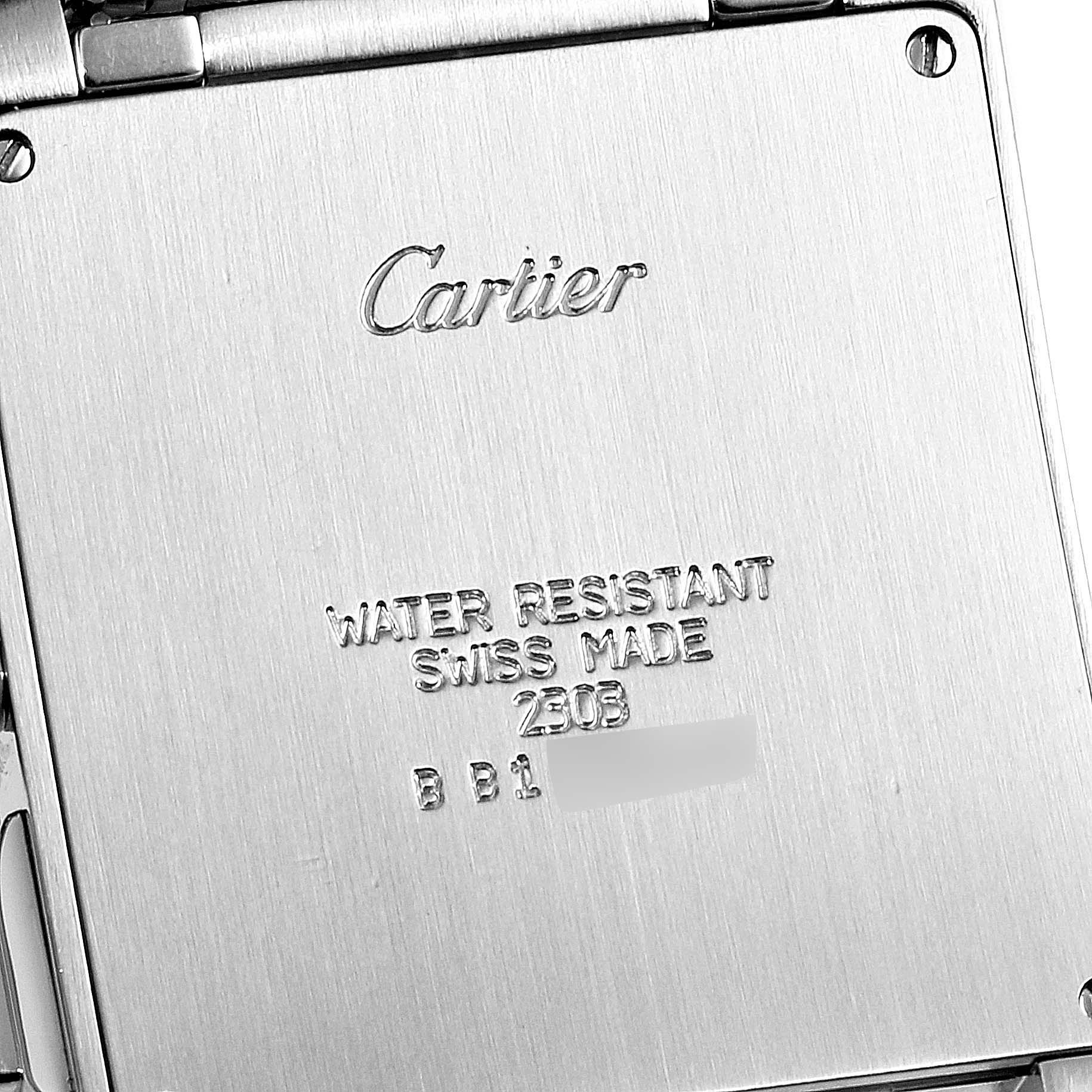 The image shows the caseback of a Cartier Tank Francaise W51001Q3 Men's Stainless Steel Silver Dial W51001Q3 Men's Stainless Steel Silver Dial watch viewed from a straight angle.