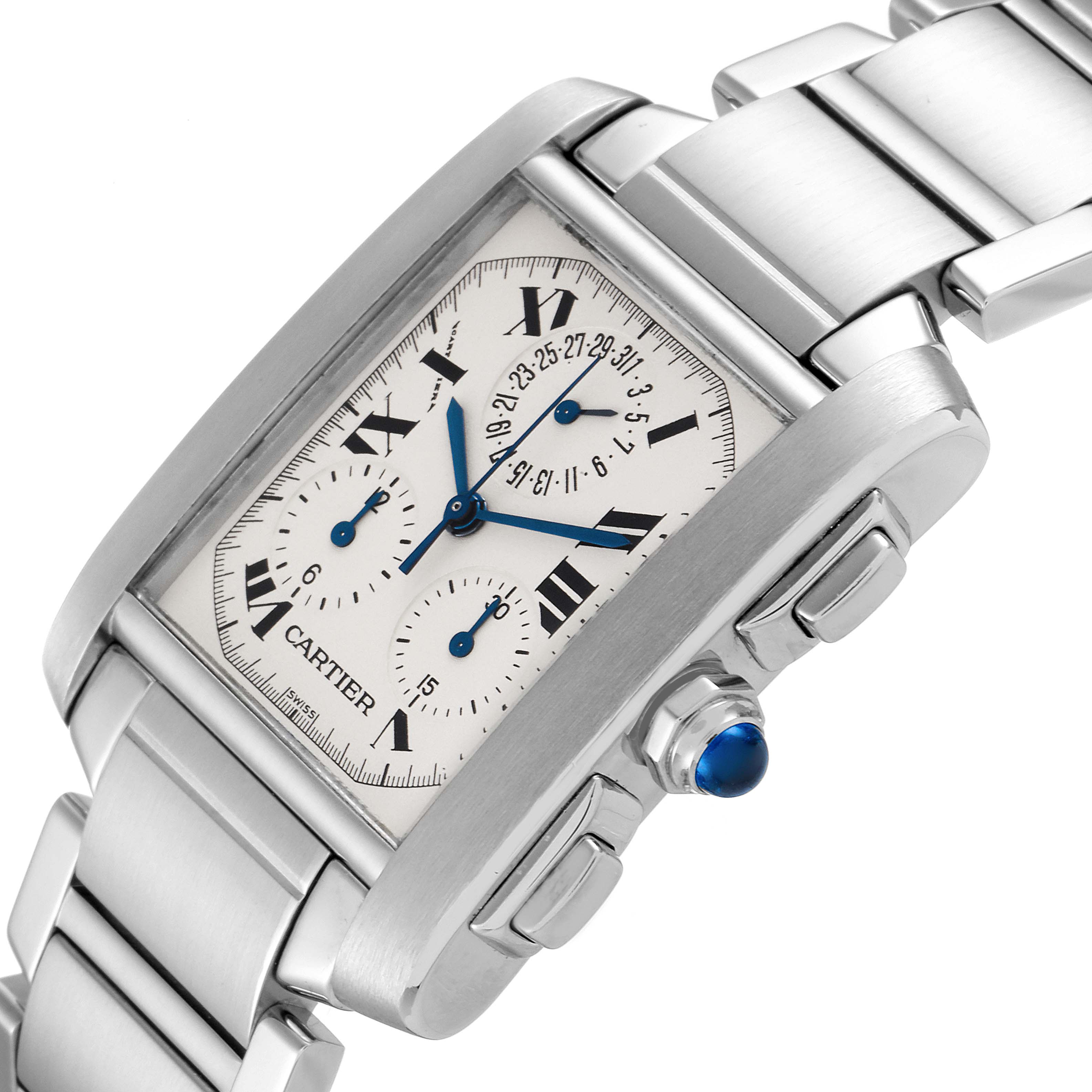 The image shows a Cartier Tank Francaise W51001Q3 Men's Stainless Steel Silver Dial W51001Q3 Men's Stainless Steel Silver Dial watch at an oblique angle, highlighting its face, side buttons, crown, and part of the metal bracelet.