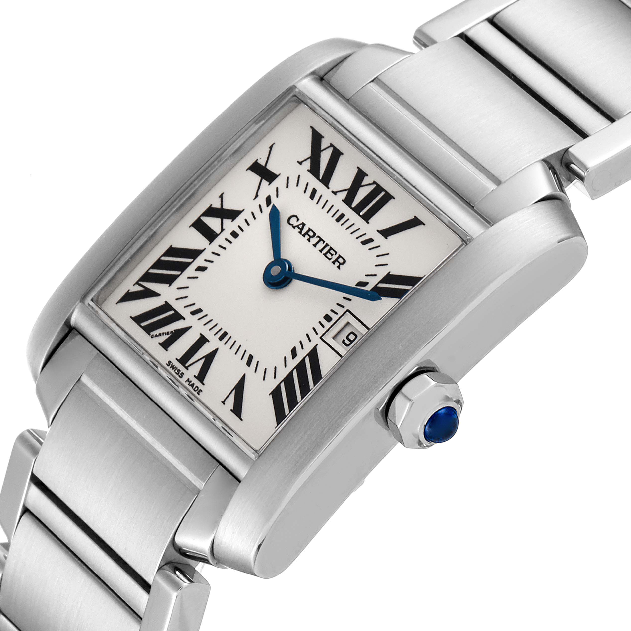 The Cartier Tank Francaise W51011Q3 Women's Stainless Steel Silver Dial W51011Q3 Women's Stainless Steel Silver Dial watch is shown at an angled close-up, highlighting the face, crown, and part of the bracelet.