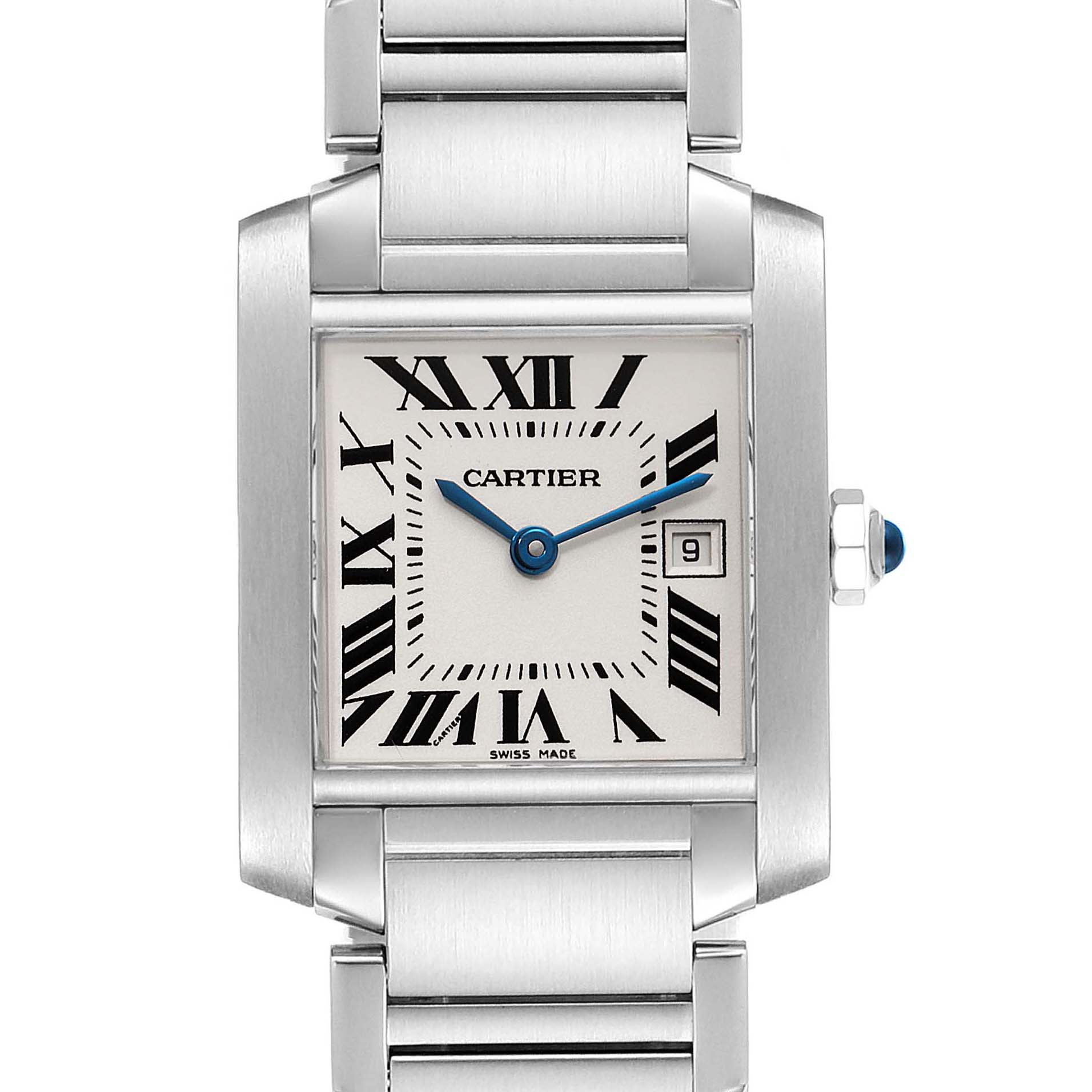 The image shows a frontal view of the Cartier Tank Française watch, highlighting the face, Roman numerals, and metal bracelet.
