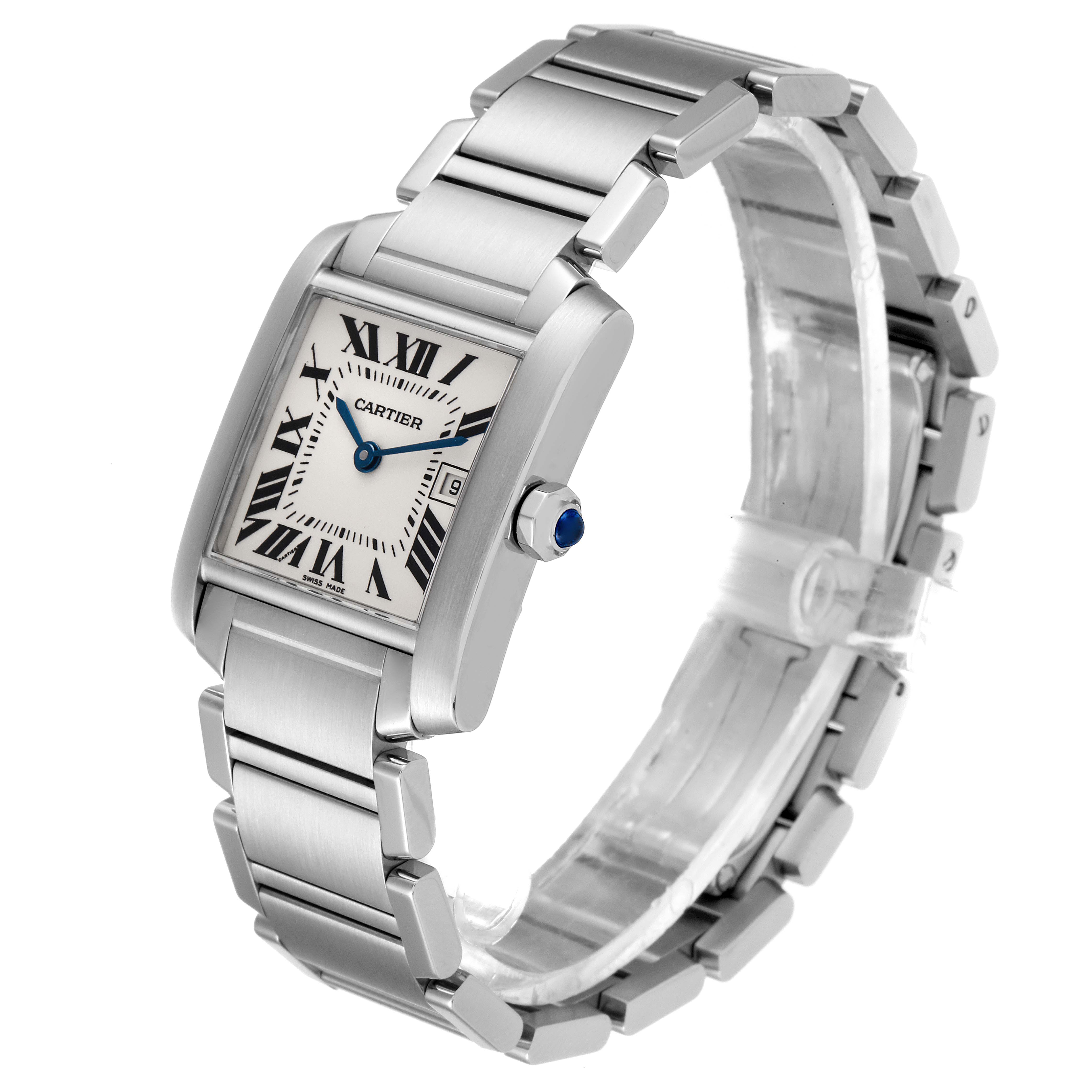 The image shows a side view of the Cartier Tank Francaise W51011Q3 Women's Stainless Steel Silver Dial W51011Q3 Women's Stainless Steel Silver Dial watch, highlighting the face, bracelet, and crown.