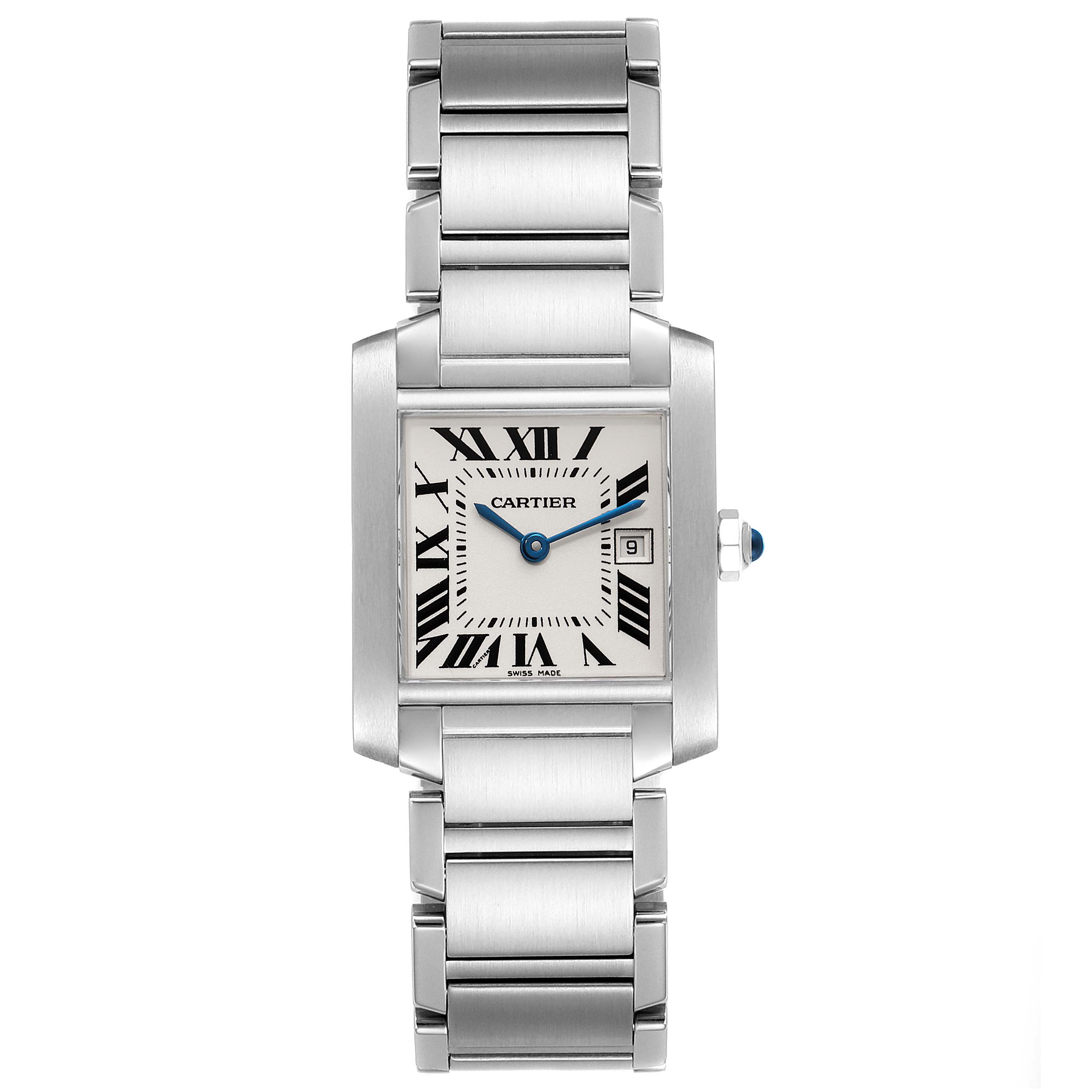 This image shows the front view of a Cartier Tank Francaise W51011Q3 Women's Stainless Steel Silver Dial W51011Q3 Women's Stainless Steel Silver Dial watch, highlighting its rectangular face, Roman numerals, and stainless steel band.
