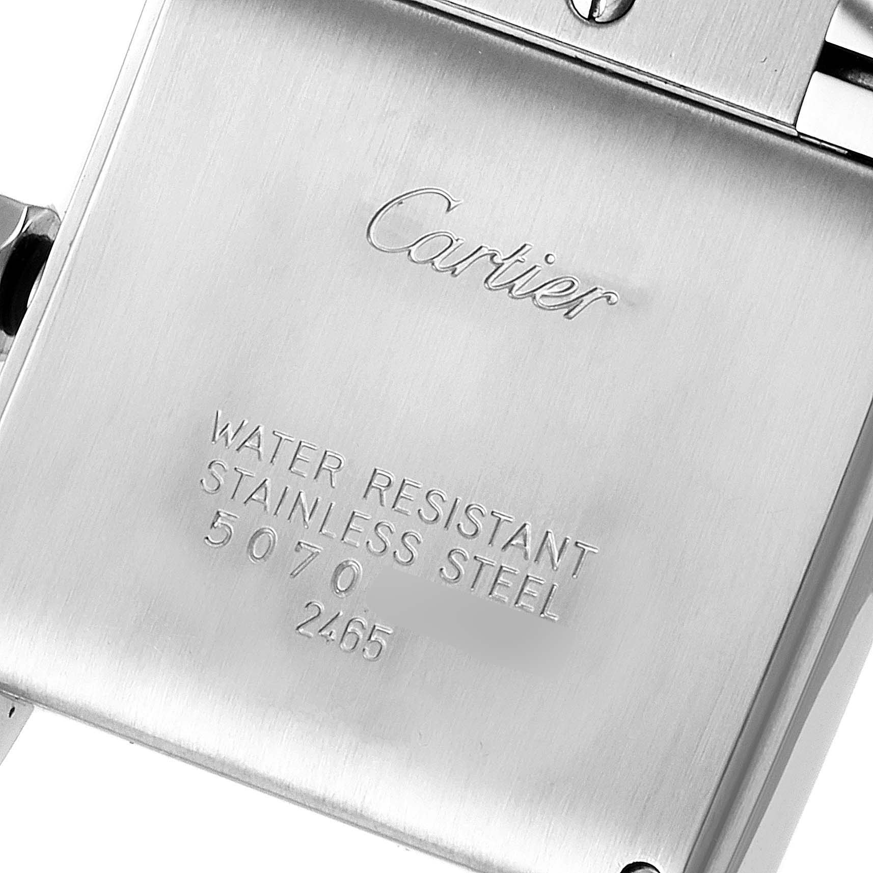 The image shows the back case of the Cartier Tank Francaise W51011Q3 Women's Stainless Steel Silver Dial W51011Q3 Women's Stainless Steel Silver Dial watch, highlighting its water-resistant and stainless steel features.