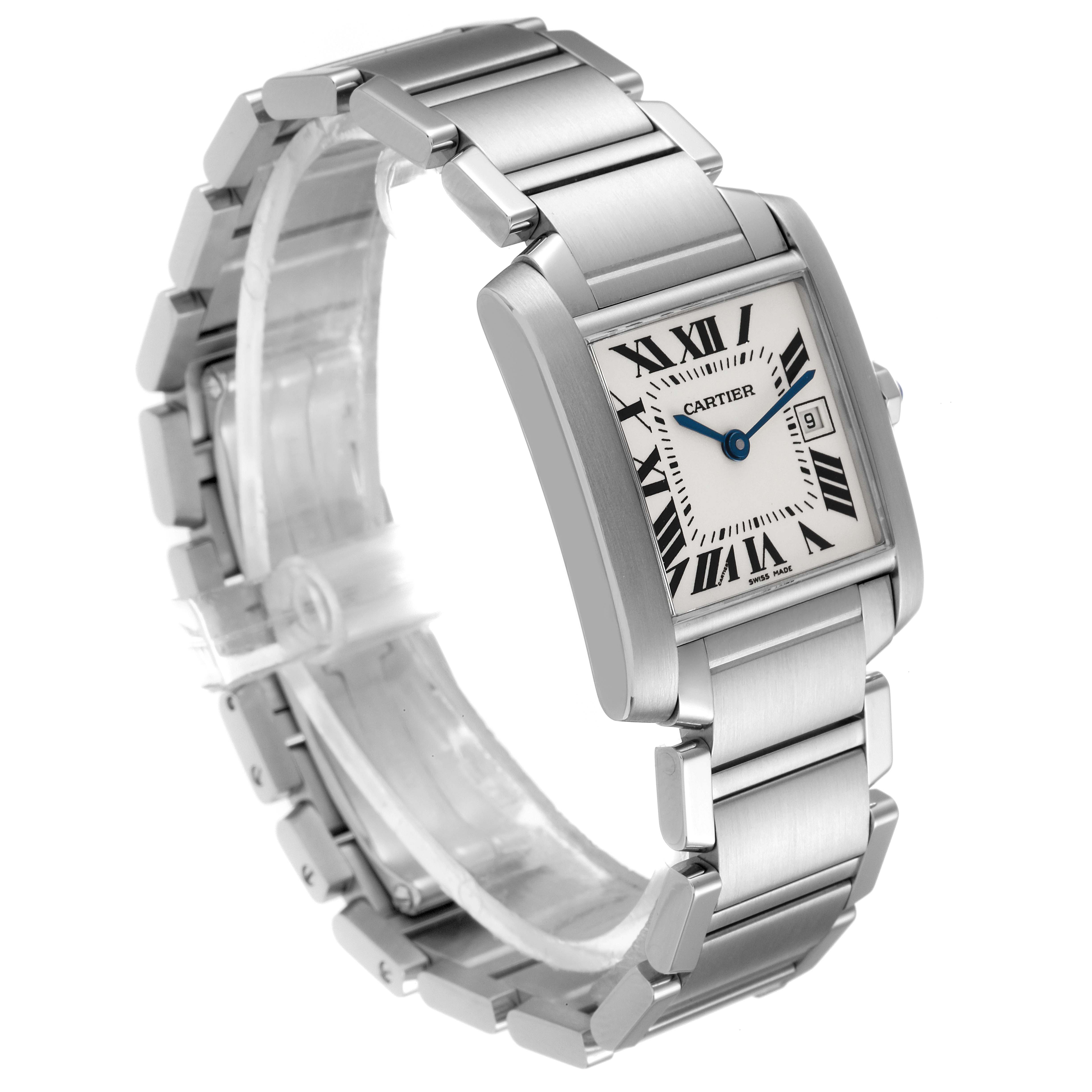 The image shows an angled view of a Cartier Tank Francaise W51011Q3 Women's Stainless Steel Silver Dial W51011Q3 Women's Stainless Steel Silver Dial watch with visible face, bezel, and metal bracelet.