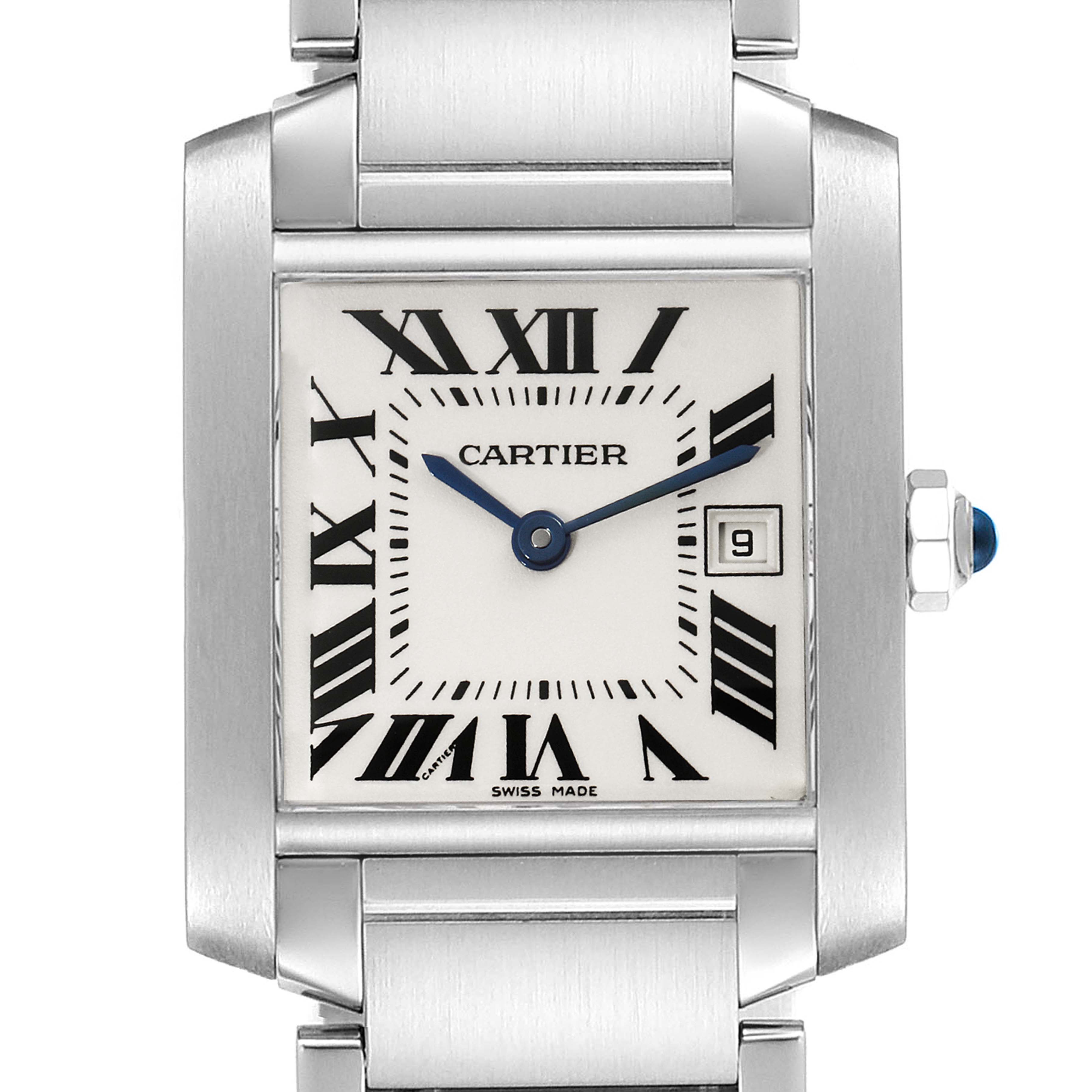 The image shows a close-up view of the Cartier Tank Francaise W51011Q3 Women's Stainless Steel Silver Dial W51011Q3 Women's Stainless Steel Silver Dial, highlighting its dial, hands, date window, and part of the bracelet.