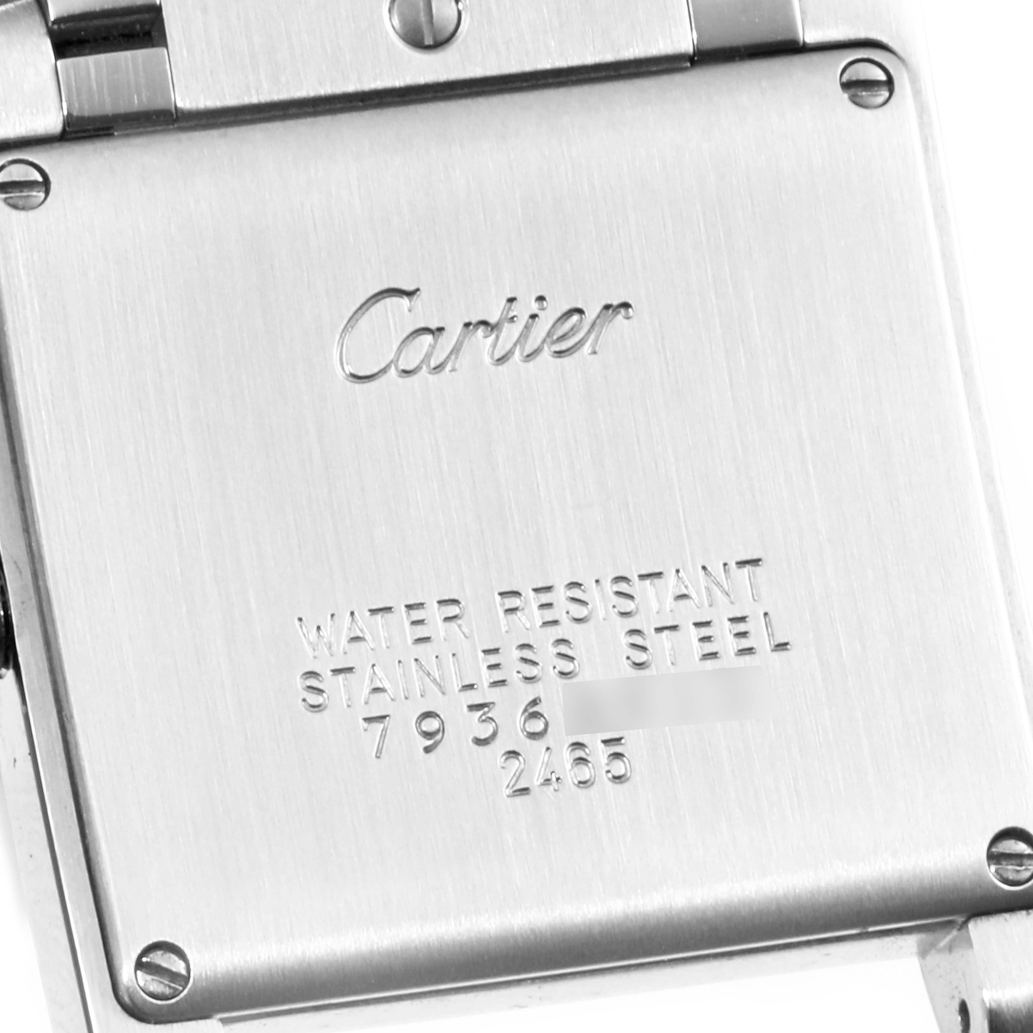 This image shows the case back of a Cartier Tank Française watch, highlighting its water resistance and stainless steel composition.