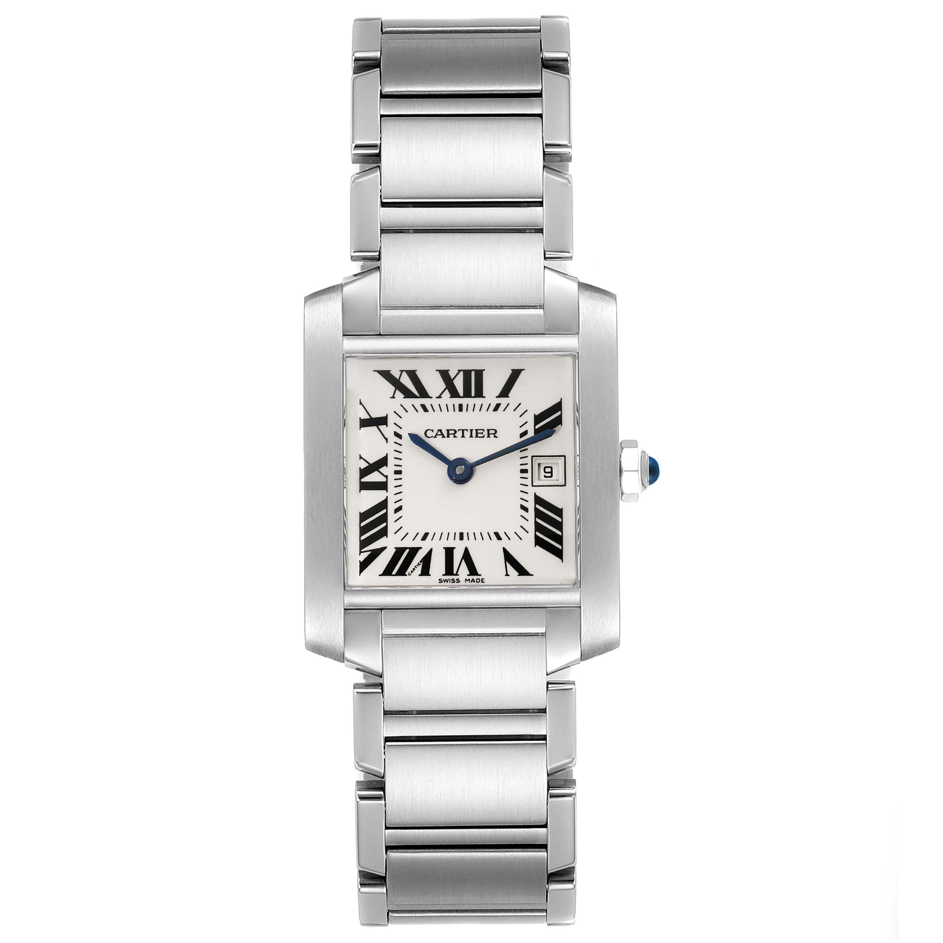 The image shows a Tank Francaise watch by Cartier from a top-down angle, highlighting its face and stainless steel bracelet.