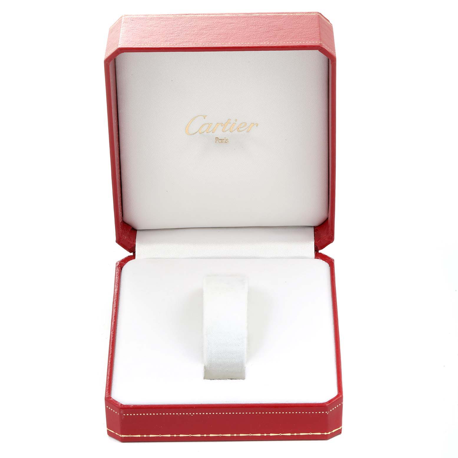 The image shows an open red Cartier box without the Tank Francaise watch inside.